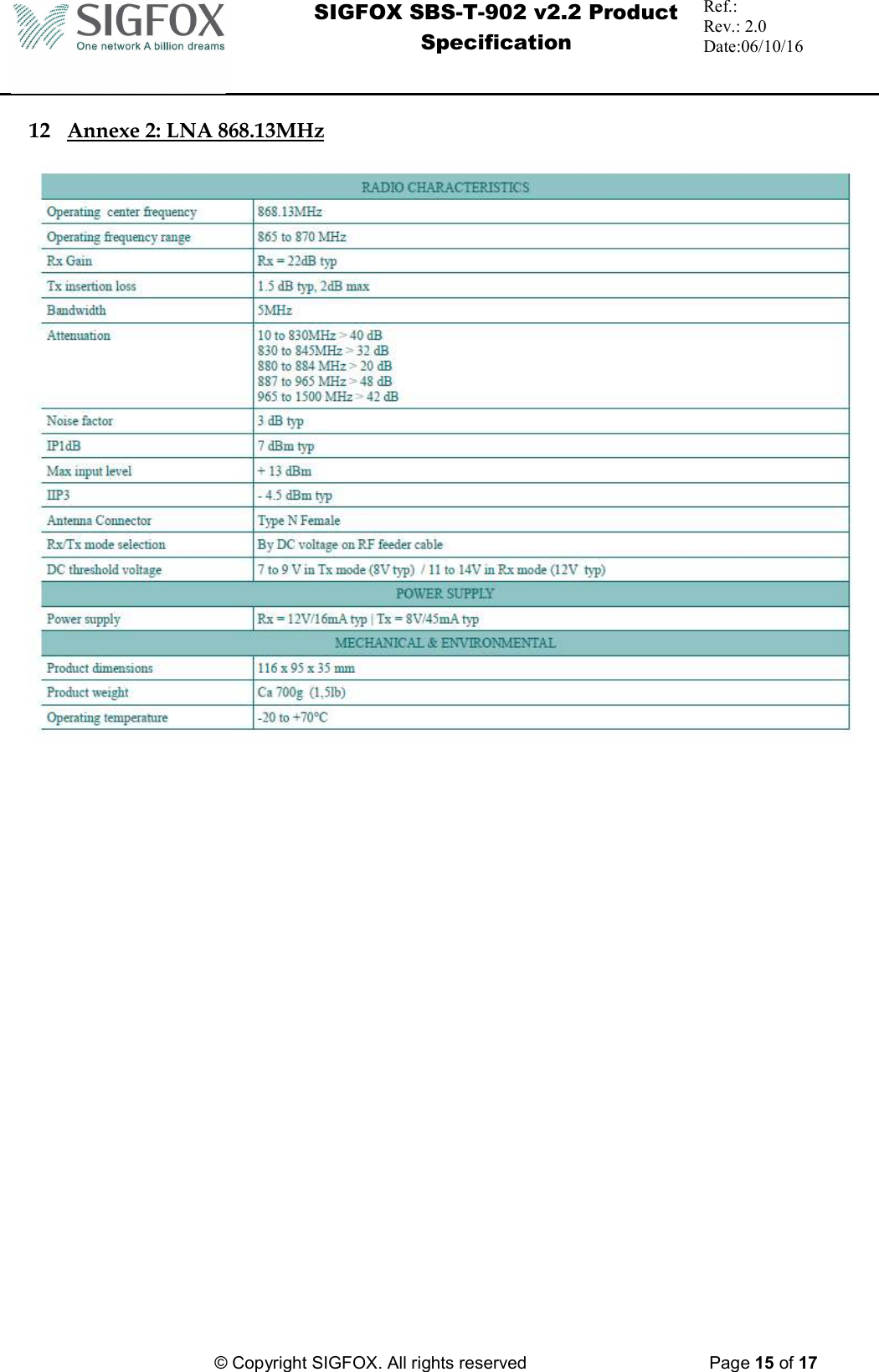  SIGFOX SBS-T-902 v2.2 Product Specification Ref.:  Rev.: 2.0 Date:06/10/16          © Copyright SIGFOX. All rights reserved      Page 15 of 17   12 Annexe 2: LNA 868.13MHz     