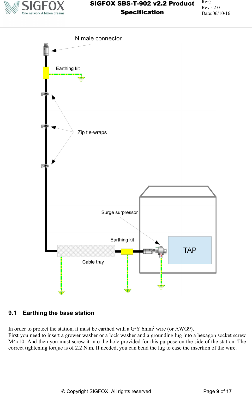  SIGFOX SBS-T-902 v2.2 Product Specification Ref.:  Rev.: 2.0 Date:06/10/16          © Copyright SIGFOX. All rights reserved      Page 9 of 17      9.1  Earthing the base station  In order to protect the station, it must be earthed with a G/Y 6mm2 wire (or AWG9). First you need to insert a grower washer or a lock washer and a grounding lug into a hexagon socket screw M4x10. And then you must screw it into the hole provided for this purpose on the side of the station. The correct tightening torque is of 2.2 N.m. If needed, you can bend the lug to ease the insertion of the wire.      N male connectorEarthing kitZip tie-wrapsCable trayTAPSurge surpressorEarthing kit