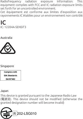 Radiofrequency  radiation  exposure  Information:  This equipment complies with FCC and IC radiation exposure limits set forth for an uncontrolled environment. Cet  équipement  est  conforme  aux  limites  d’exposition  aux rayonnements IC établies pour un environnement non contrôlé. ICIC: 12204A-SENSIT3 Australia Singapore JapanThis device is granted pursuant to the Japanese Radio Law (電波法).  This  device  should  not  be  modiﬁed  (otherwise  the granted designation number will become invalid)