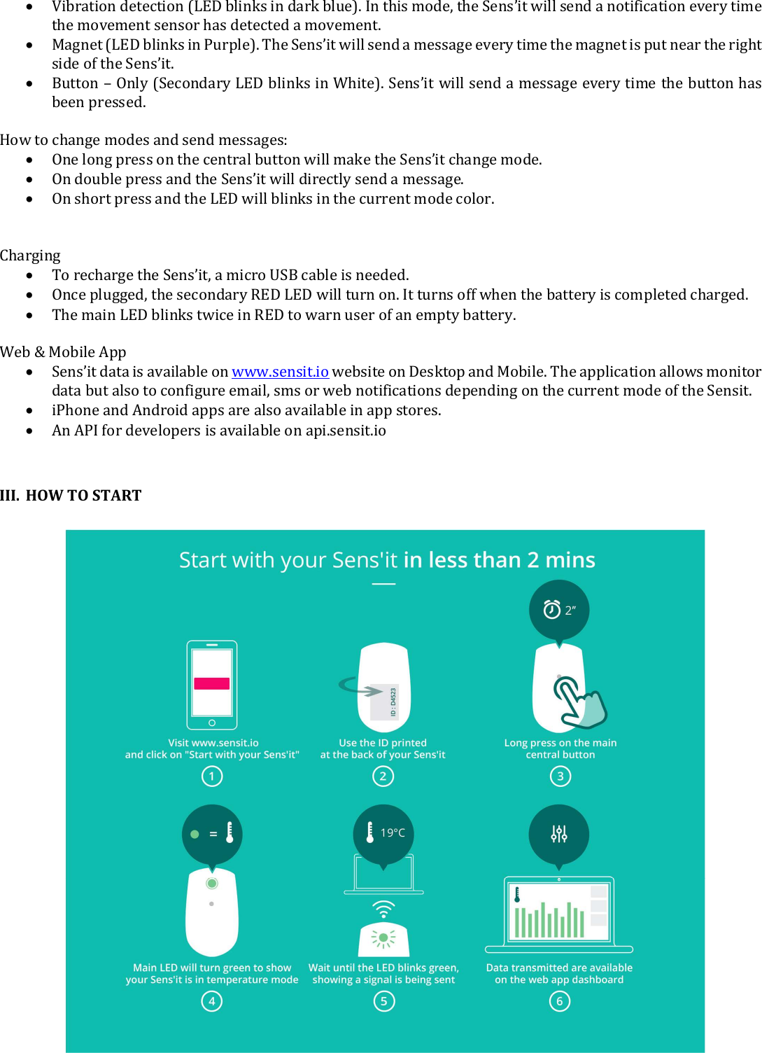  Vibration detection (LED blinks in dark blue). In this mode, the Sens’it will send a notification every time the movement sensor has detected a movement.  Magnet (LED blinks in Purple). The Sens’it will send a message every time the magnet is put near the right side of the Sens’it.  Button – Only (Secondary LED blinks in White). Sens’it will send a message every time the button has been pressed.   How to change modes and send messages:  One long press on the central button will make the Sens’it change mode.   On double press and the Sens’it will directly send a message.  On short press and the LED will blinks in the current mode color.    Charging   To recharge the Sens’it, a micro USB cable is needed.   Once plugged, the secondary RED LED will turn on. It turns off when the battery is completed charged.  The main LED blinks twice in RED to warn user of an empty battery.  Web &amp; Mobile App  Sens’it data is available on www.sensit.io website on Desktop and Mobile. The application allows monitor data but also to configure email, sms or web notifications depending on the current mode of the Sensit.   iPhone and Android apps are also available in app stores.   An API for developers is available on api.sensit.io    III. HOW TO START                   