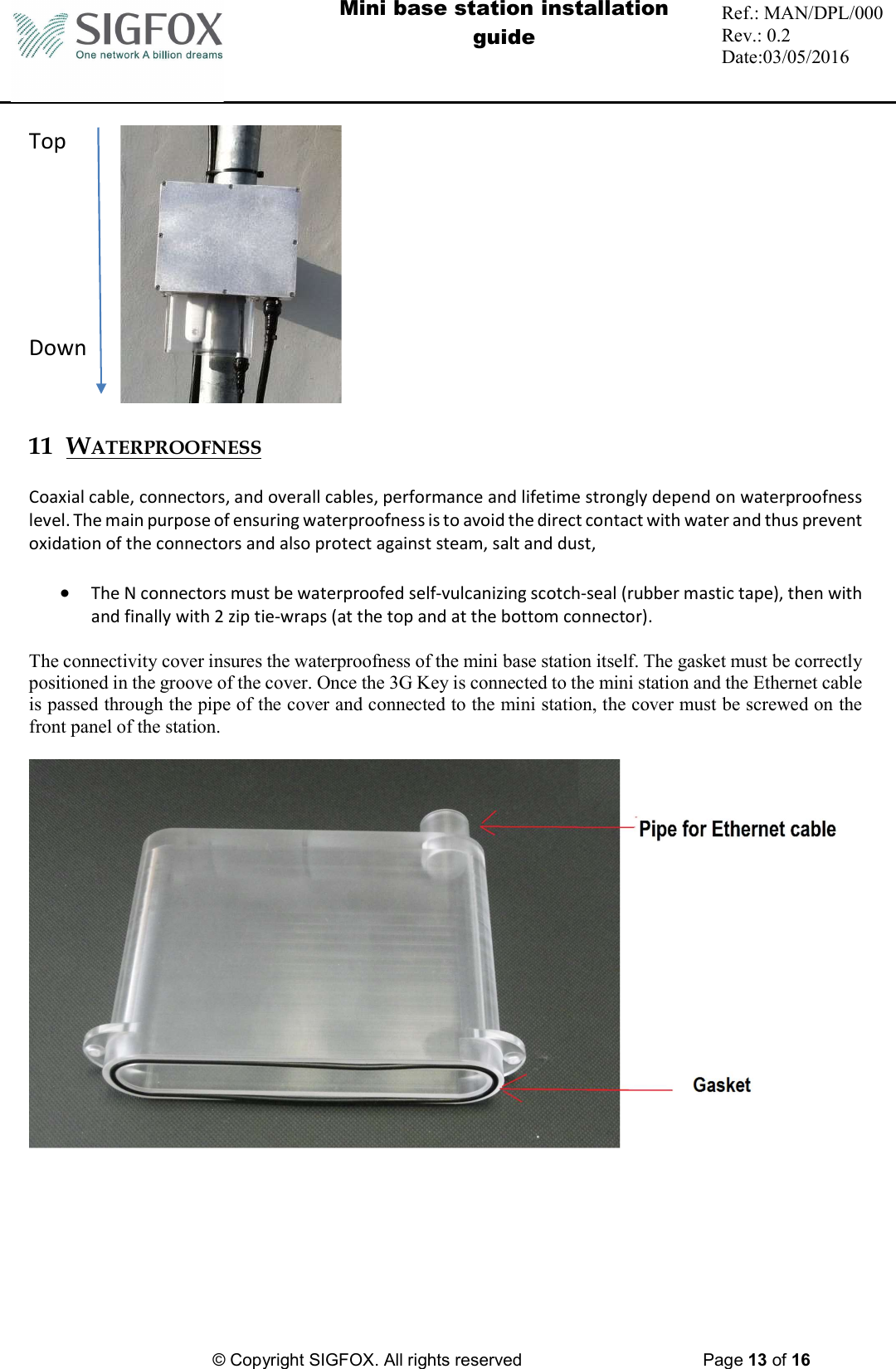  Mini base station installation guide  Ref.: MAN/DPL/000 Rev.: 0.2 Date:03/05/2016          © Copyright SIGFOX. All rights reserved      Page 13 of 16   Top                                               Down   11 WATERPROOFNESS Coaxial cable, connectors, and overall cables, performance and lifetime strongly depend on waterproofness level. The main purpose of ensuring waterproofness is to avoid the direct contact with water and thus prevent oxidation of the connectors and also protect against steam, salt and dust,   The N connectors must be waterproofed self-vulcanizing scotch-seal (rubber mastic tape), then with and finally with 2 zip tie-wraps (at the top and at the bottom connector).    The connectivity cover insures the waterproofness of the mini base station itself. The gasket must be correctly positioned in the groove of the cover. Once the 3G Key is connected to the mini station and the Ethernet cable is passed through the pipe of the cover and connected to the mini station, the cover must be screwed on the front panel of the station.    