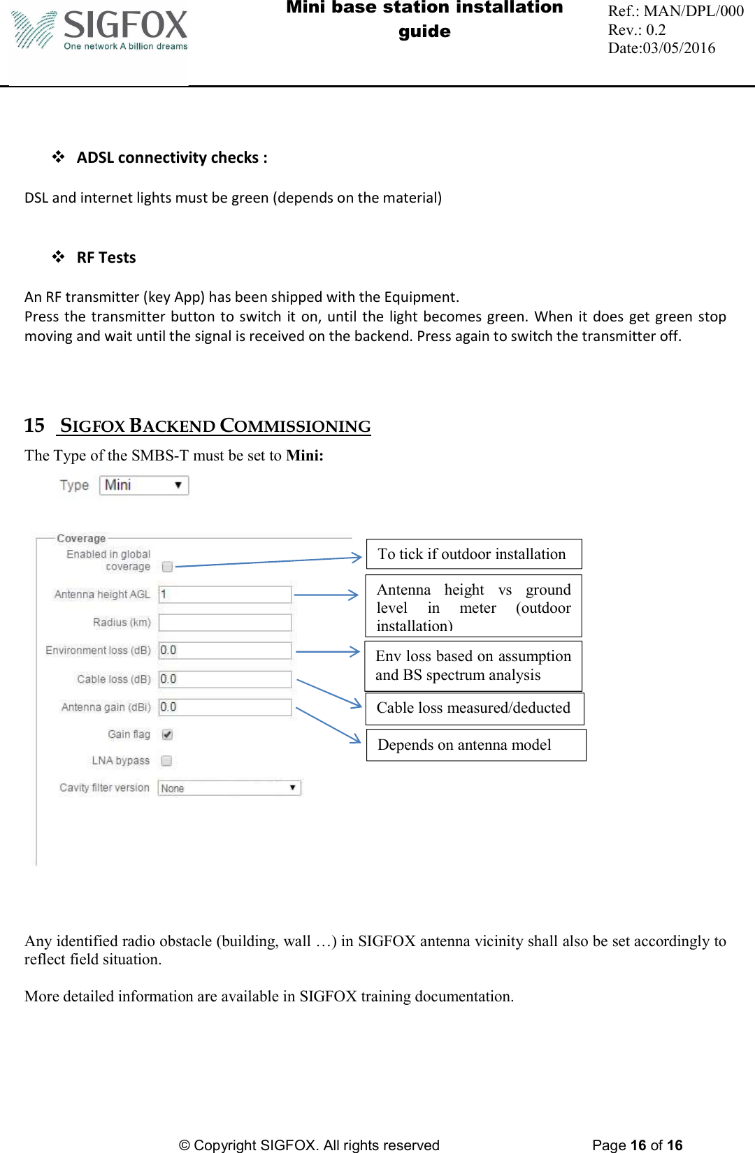  Mini base station installation guide  Ref.: MAN/DPL/000 Rev.: 0.2 Date:03/05/2016          © Copyright SIGFOX. All rights reserved      Page 16 of 16      ADSL connectivity checks :  DSL and internet lights must be green (depends on the material)     RF Tests  An RF transmitter (key App) has been shipped with the Equipment.  Press the transmitter button to switch it on, until the light becomes green. When it does get green stop moving and wait until the signal is received on the backend. Press again to switch the transmitter off.    15  SIGFOX BACKEND COMMISSIONING The Type of the SMBS-T must be set to Mini:       Any identified radio obstacle (building, wall …) in SIGFOX antenna vicinity shall also be set accordingly to reflect field situation.  More detailed information are available in SIGFOX training documentation.   To tick if outdoor installation Antenna  height  vs  ground level  in  meter  (outdoor installation) Cable loss measured/deducted Depends on antenna model Env loss based on assumption and BS spectrum analysis 