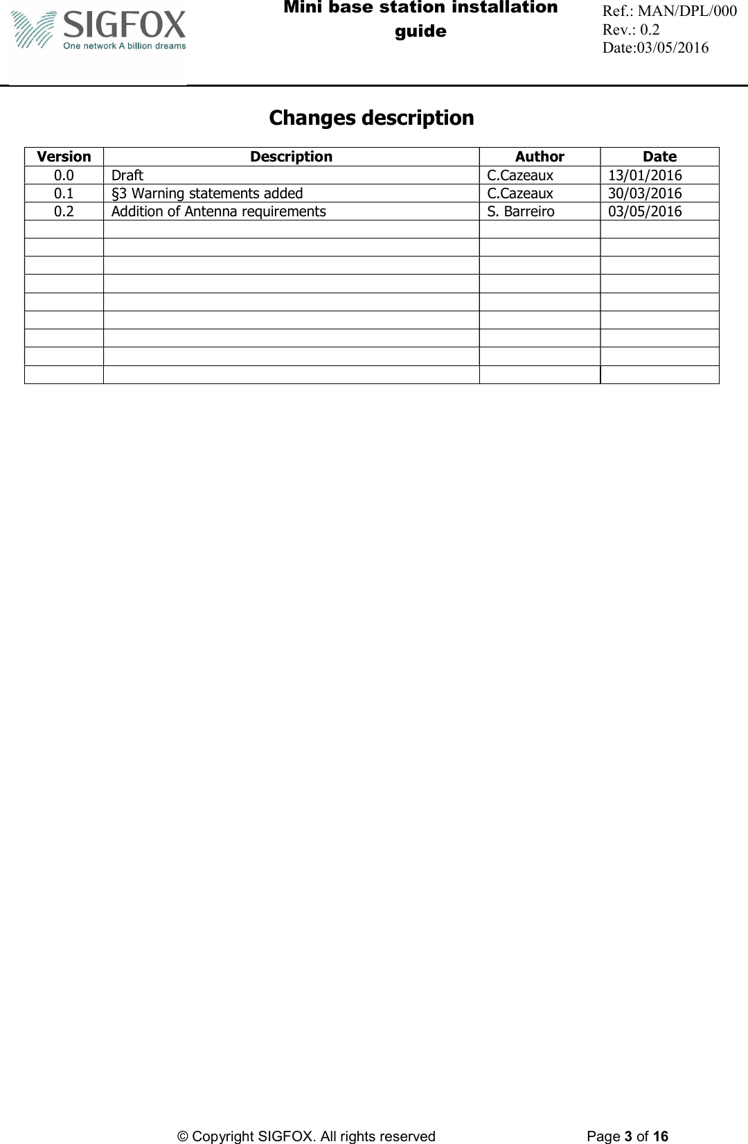  Mini base station installation guide  Ref.: MAN/DPL/000 Rev.: 0.2 Date:03/05/2016          © Copyright SIGFOX. All rights reserved      Page 3 of 16   Changes description  Version  Description  Author  Date 0.0  Draft  C.Cazeaux  13/01/2016 0.1  §3 Warning statements added  C.Cazeaux  30/03/2016 0.2  Addition of Antenna requirements  S. Barreiro  03/05/2016                                                                         