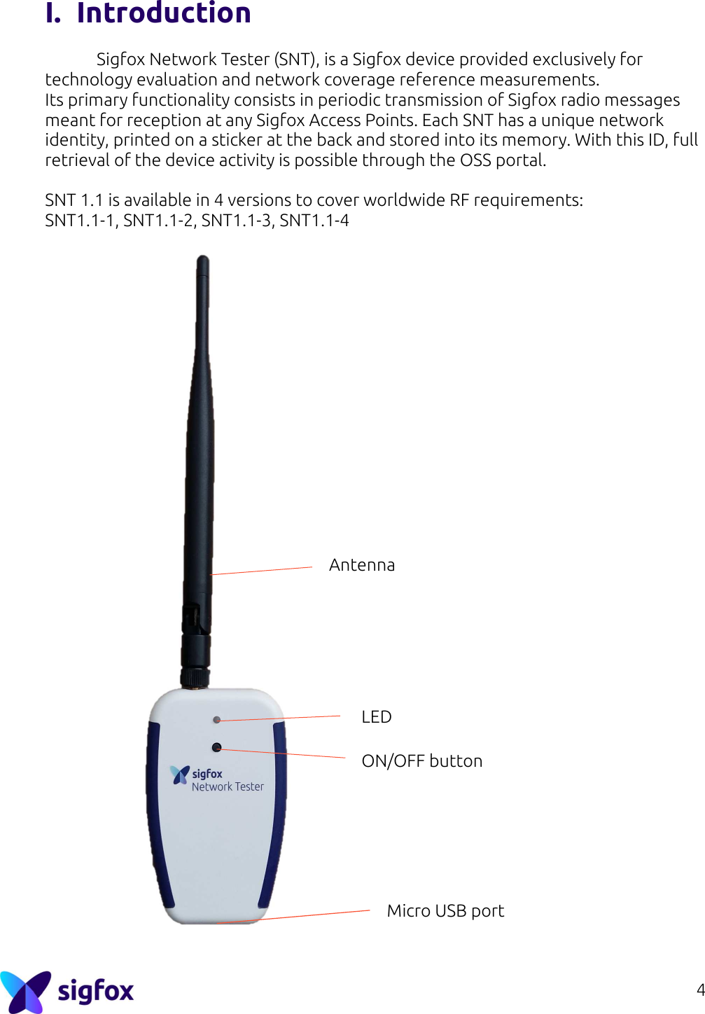 4  I. Introduction    Sigfox Network Tester (SNT), is a Sigfox device provided exclusively for technology evaluation and network coverage reference measurements.  Its primary functionality consists in periodic transmission of Sigfox radio messages meant for reception at any Sigfox Access Points. Each SNT has a unique network identity, printed on a sticker at the back and stored into its memory. With this ID, full retrieval of the device activity is possible through the OSS portal.  SNT 1.1 is available in 4 versions to cover worldwide RF requirements: SNT1.1-1, SNT1.1-2, SNT1.1-3, SNT1.1-4   LED ON/OFF button Micro USB port Antenna 