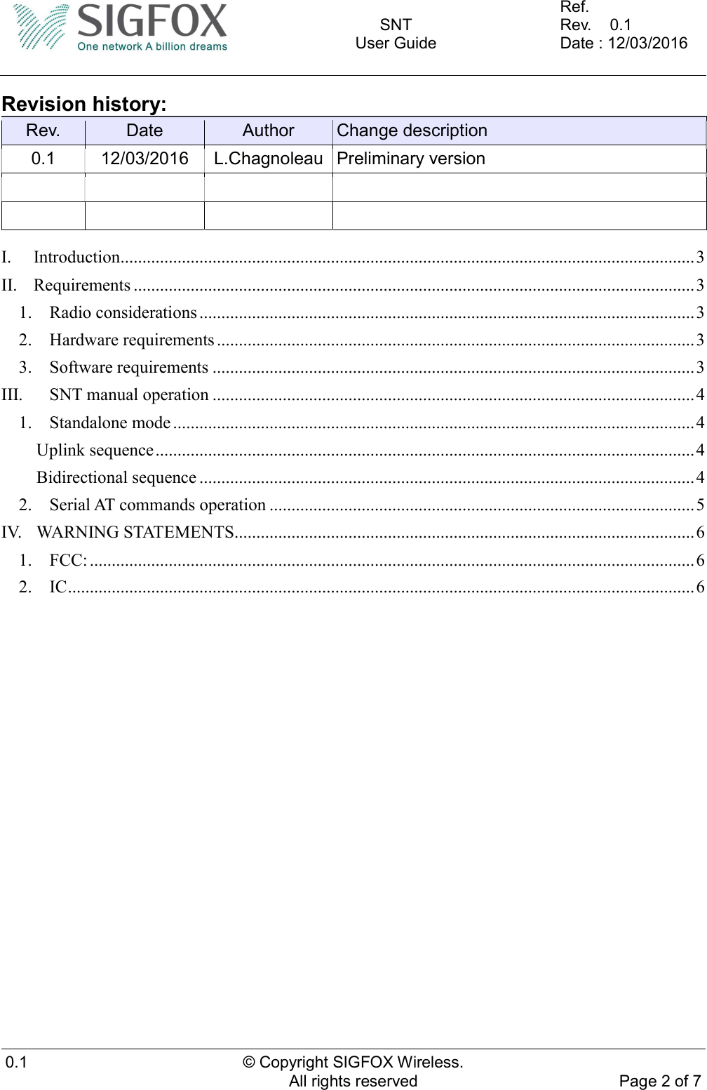    SNT User Guide  Ref.     Rev.    0.1 Date : 12/03/2016  0.1  © Copyright SIGFOX Wireless. All rights reserved  Page 2 of 7  Revision history: Rev.  Date  Author  Change description 0.1  12/03/2016  L.Chagnoleau Preliminary version                I.  Introduction ................................................................................................................................... 3 II.  Requirements ................................................................................................................................ 3 1.  Radio considerations ................................................................................................................. 3 2.  Hardware requirements ............................................................................................................. 3 3.  Software requirements .............................................................................................................. 3 III.  SNT manual operation .............................................................................................................. 4 1.  Standalone mode ....................................................................................................................... 4 Uplink sequence ........................................................................................................................... 4 Bidirectional sequence ................................................................................................................. 4 2.  Serial AT commands operation ................................................................................................. 5 IV.  WARNING STATEMENTS......................................................................................................... 6 1.  FCC: .......................................................................................................................................... 6 2.  IC ............................................................................................................................................... 6    