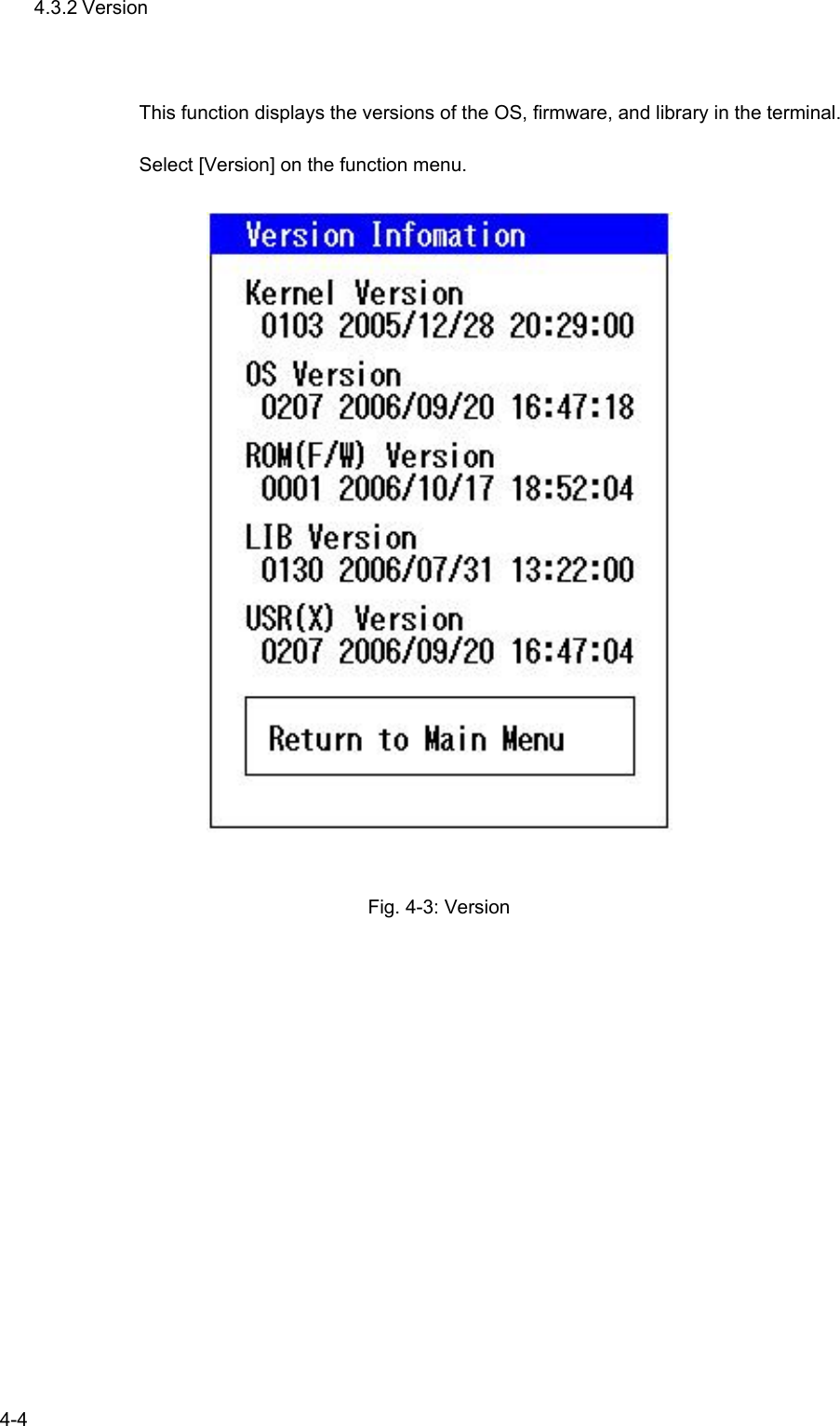   4-4 4.3.2 Version This function displays the versions of the OS, firmware, and library in the terminal. Select [Version] on the function menu.   Fig. 4-3: Version  