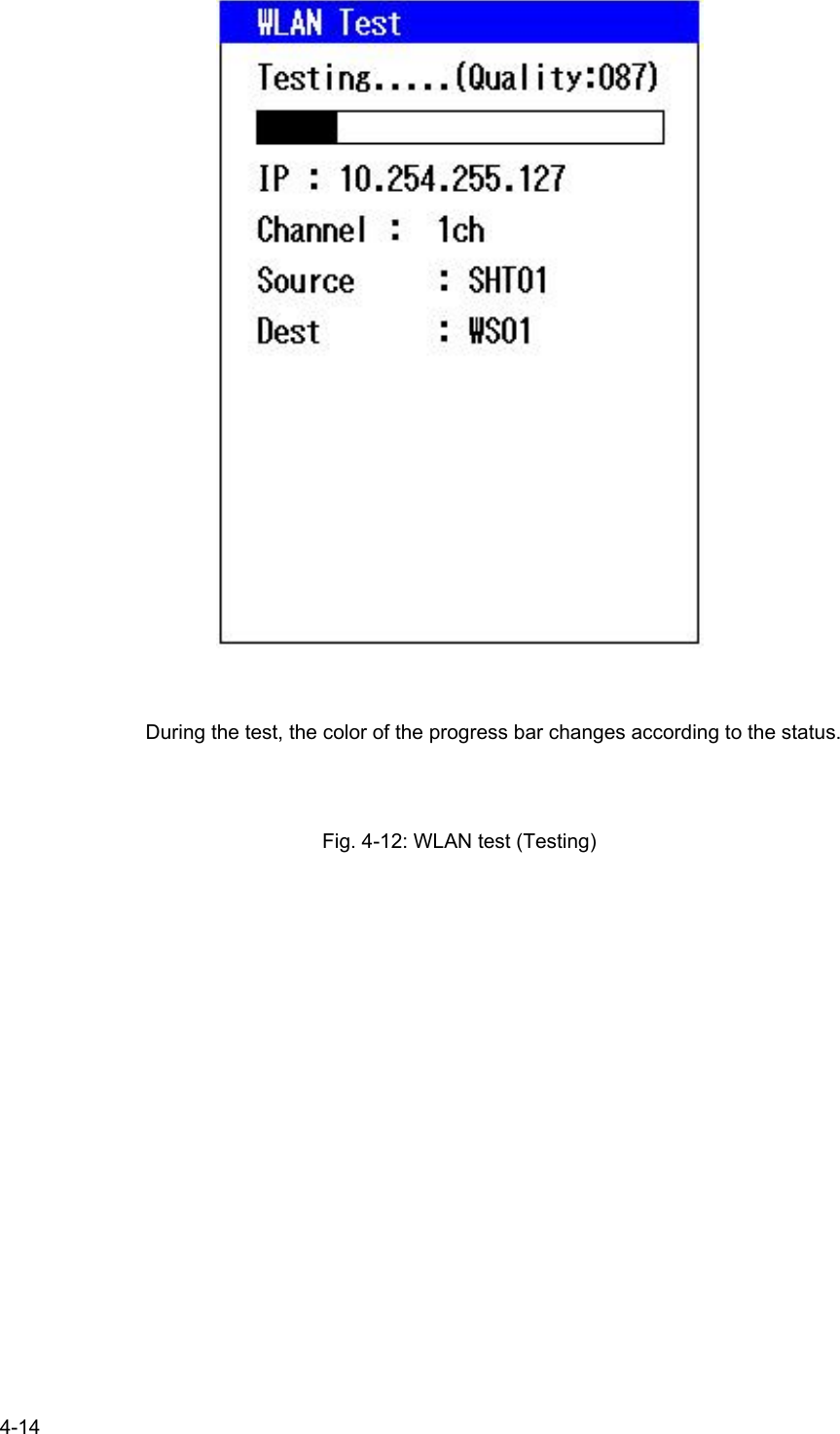   4-14    During the test, the color of the progress bar changes according to the status.    Fig. 4-12: WLAN test (Testing)  