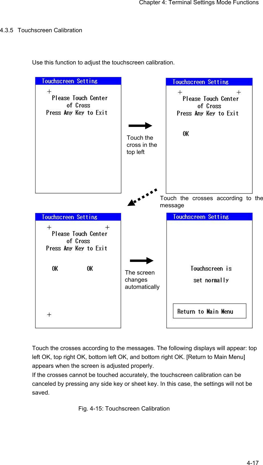Chapter 4: Terminal Settings Mode Functions  4-174.3.5   Touchscreen Calibration Use this function to adjust the touchscreen calibration.                  Touch the crosses according to the messages. The following displays will appear: top left OK, top right OK, bottom left OK, and bottom right OK. [Return to Main Menu] appears when the screen is adjusted properly. If the crosses cannot be touched accurately, the touchscreen calibration can be canceled by pressing any side key or sheet key. In this case, the settings will not be saved. Fig. 4-15: Touchscreen Calibration  Touch the cross in the top left The screen changes automatically Touch the crosses according to the message 