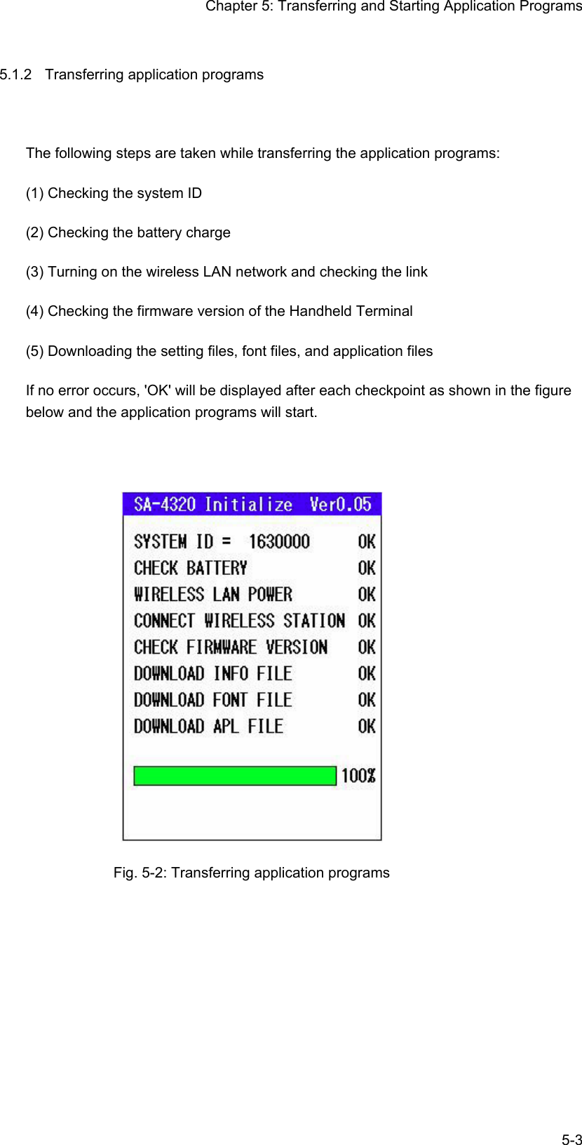 Chapter 5: Transferring and Starting Application Programs   5-35.1.2  Transferring application programs The following steps are taken while transferring the application programs: (1) Checking the system ID (2) Checking the battery charge (3) Turning on the wireless LAN network and checking the link (4) Checking the firmware version of the Handheld Terminal (5) Downloading the setting files, font files, and application files If no error occurs, &apos;OK&apos; will be displayed after each checkpoint as shown in the figure below and the application programs will start.                 Fig. 5-2: Transferring application programs 