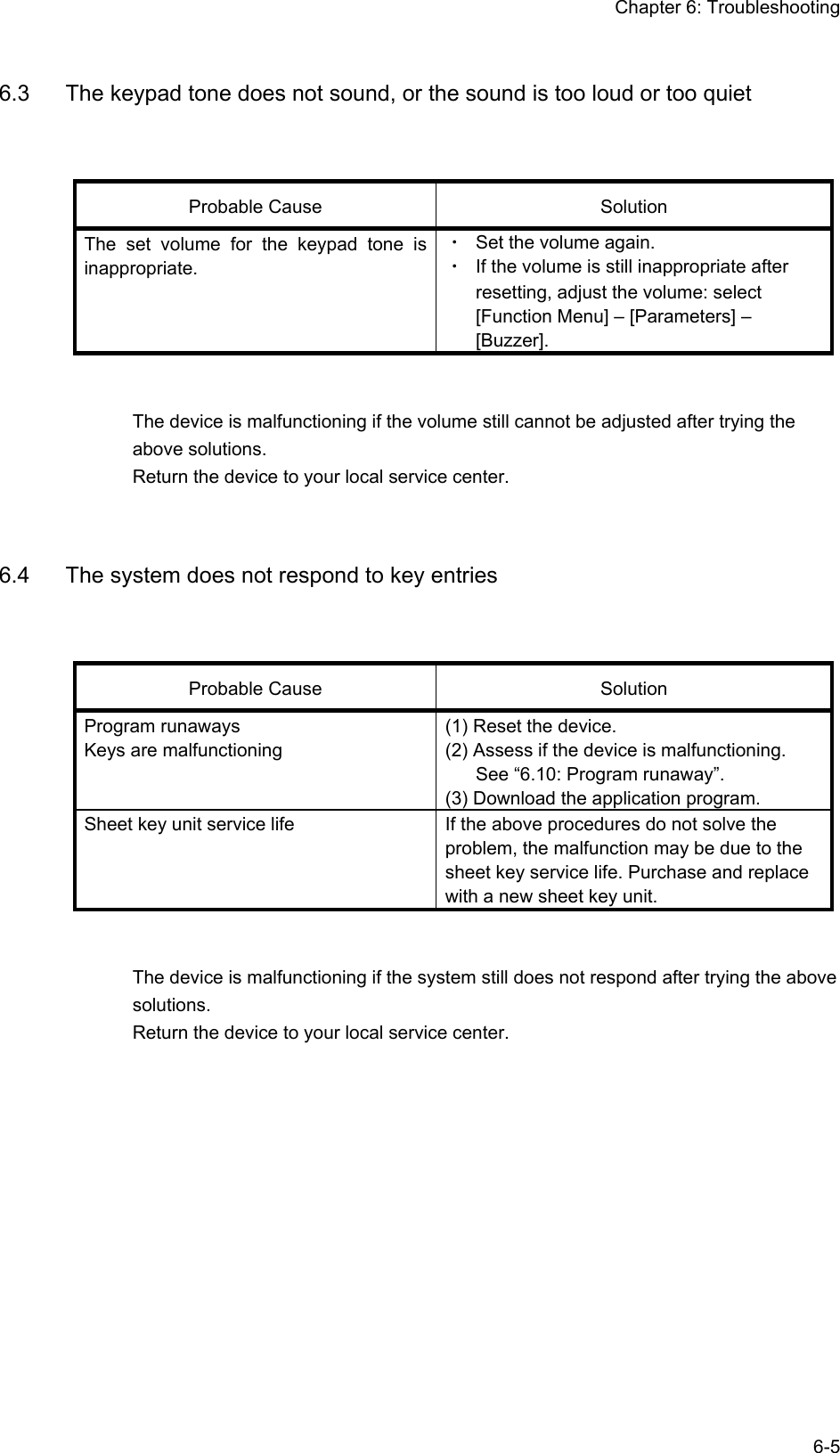 Chapter 6: Troubleshooting  6-56.3  The keypad tone does not sound, or the sound is too loud or too quiet Probable Cause Solution The set volume for the keypad tone is inappropriate. ・  Set the volume again. ・  If the volume is still inappropriate after resetting, adjust the volume: select [Function Menu] – [Parameters] – [Buzzer].  The device is malfunctioning if the volume still cannot be adjusted after trying the above solutions. Return the device to your local service center.  6.4  The system does not respond to key entries Probable Cause Solution Program runaways Keys are malfunctioning (1) Reset the device. (2) Assess if the device is malfunctioning. See “6.10: Program runaway”. (3) Download the application program. Sheet key unit service life If the above procedures do not solve the problem, the malfunction may be due to the sheet key service life. Purchase and replace with a new sheet key unit.  The device is malfunctioning if the system still does not respond after trying the above solutions. Return the device to your local service center. 