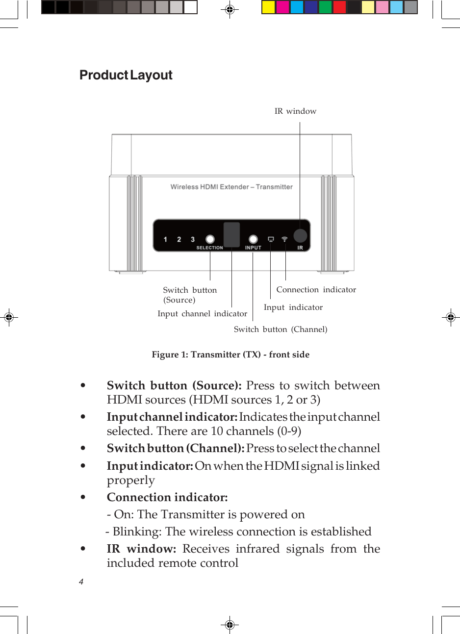 4Product LayoutFigure 1: Transmitter (TX) - front sideSwitch button(Source)IR windowInput channel indicator•Switch button (Source): Press to switch betweenHDMI sources (HDMI sources 1, 2 or 3)•Input channel indicator: Indicates the input channelselected. There are 10 channels (0-9)•Switch button (Channel): Press to select the channel•Input indicator: On when the HDMI signal is linkedproperly•Connection indicator:         - On: The Transmitter is powered on        - Blinking: The wireless connection is established•IR window: Receives infrared signals from theincluded remote controlSwitch button (Channel)Input indicatorConnection indicator