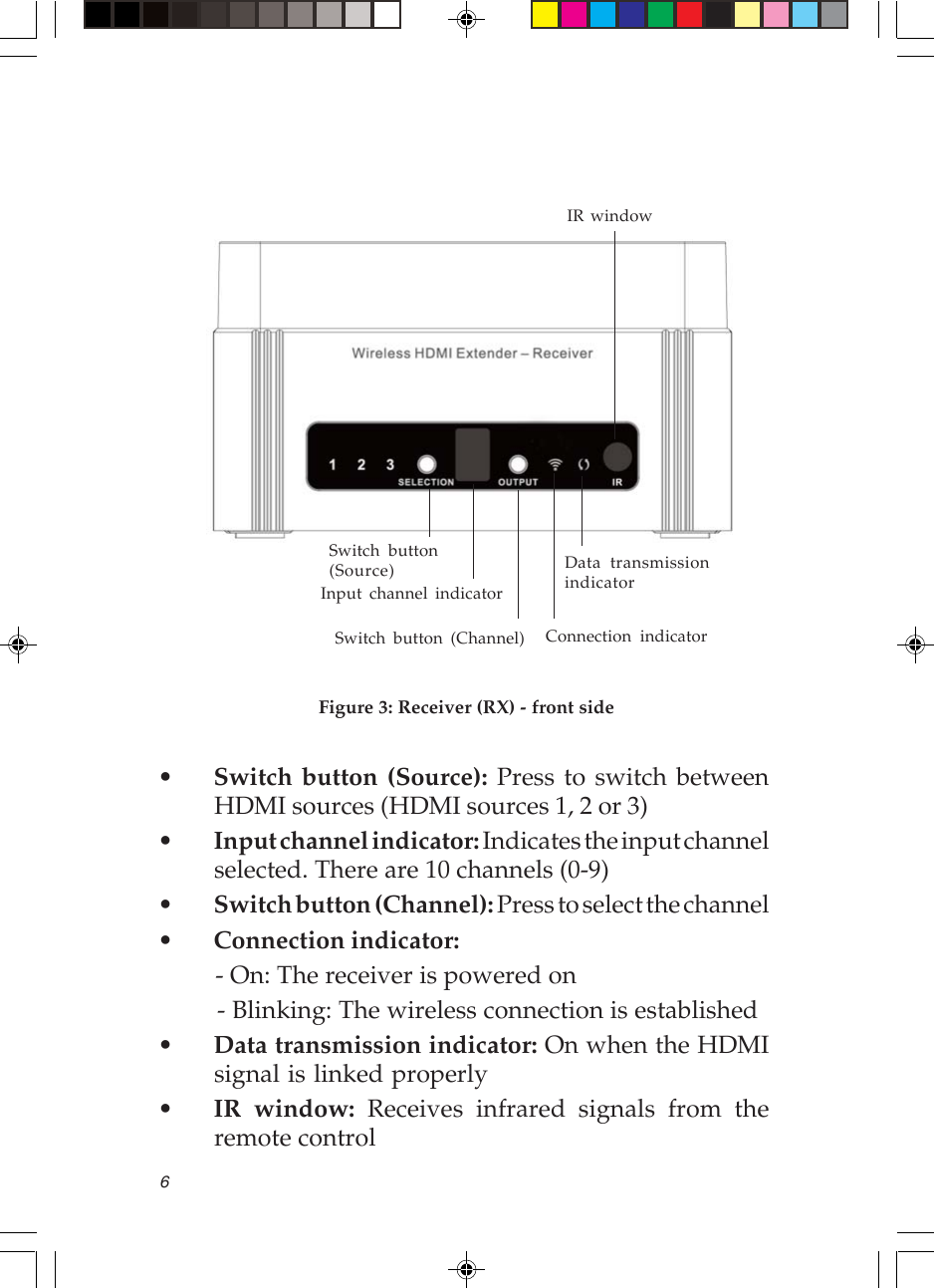 6Figure 3: Receiver (RX) - front side•Switch button (Source): Press to switch betweenHDMI sources (HDMI sources 1, 2 or 3)•Input channel indicator: Indicates the input channelselected. There are 10 channels (0-9)•Switch button (Channel): Press to select the channel•Connection indicator:         - On: The receiver is powered on         - Blinking: The wireless connection is established•Data transmission indicator: On when the HDMIsignal is linked properly•IR window: Receives infrared signals from theremote controlData transmissionindicatorConnection indicatorIR windowInput channel indicatorSwitch button(Source)Switch button (Channel)