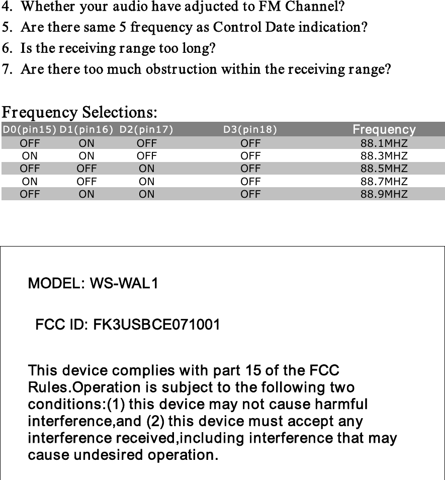 4. Whether your audio have adjucted to FM Channel?5. Are there same 5 frequency as Control Date indication?6. Is the receiving range too long?7. Are there too much obstruction within the receiving range?Frequency Selections:D0(pin15) D1(pin16) D2(pin17) D3(pin18) FrequencyOFF ON OFF OFF 88.1MHZON ON OFF OFF 88.3MHZOFF OFF ON OFF 88.5MHZON OFF ON OFF 88.7MHZOFF ON ON OFF 88.9MHZMODEL: WS-WAL1FCC ID: FK3USBCE071001This device complies with part 15 of the FCCRules.Operation is subject to the following twoconditions:(1) this device may not cause harmfulinterference,and (2) this device must accept anyinterference received,including interference that maycause undesired operation.