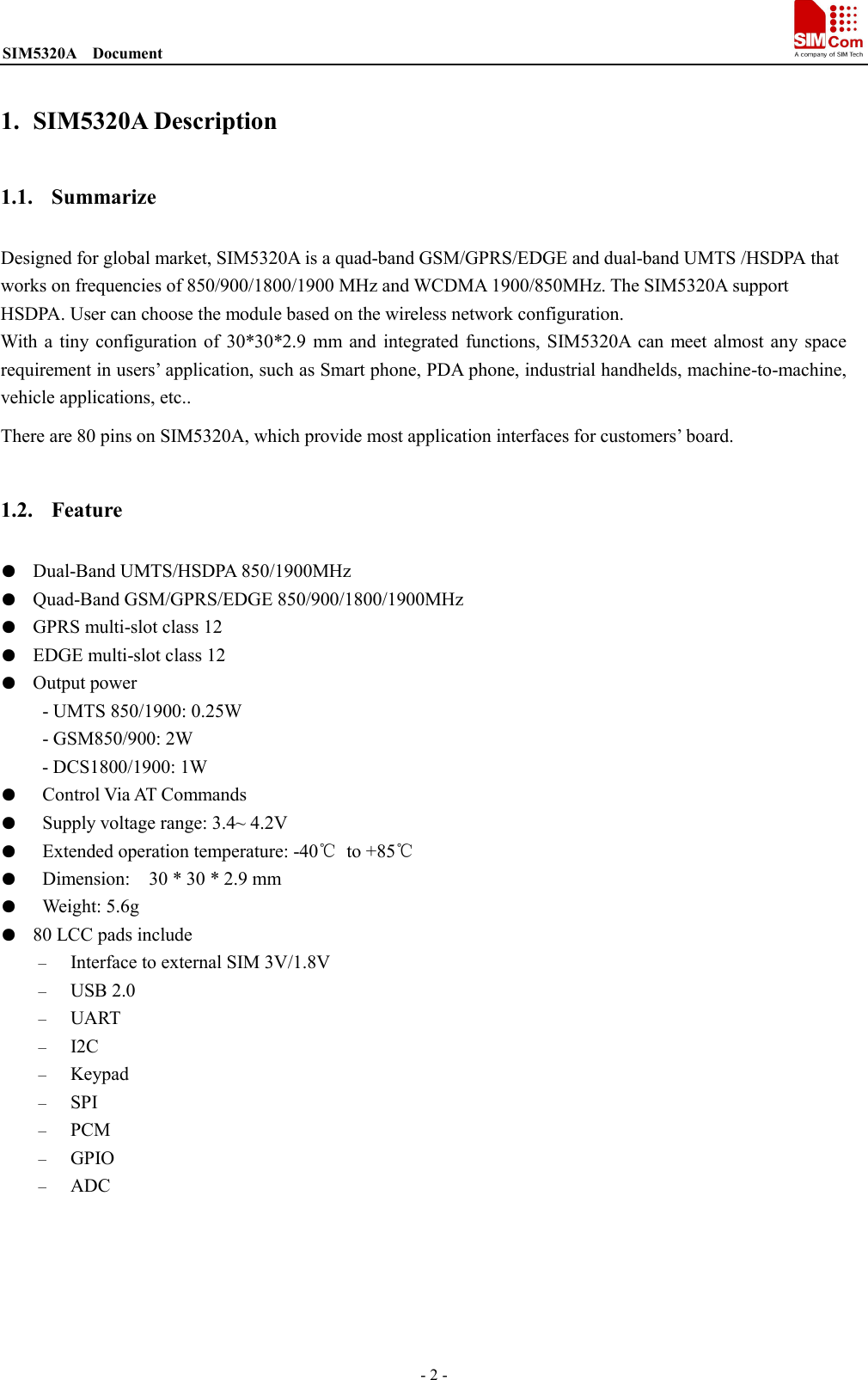 Page 2 of SIMCom Wireless Solutions 180302008 WCDMA\EDGE\GPRS\GSM module User Manual 
