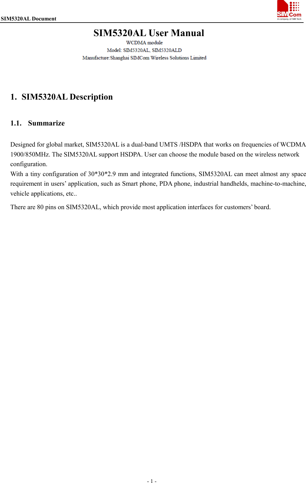 Page 1 of SIMCom Wireless Solutions 180302009 WCDMA module User Manual 