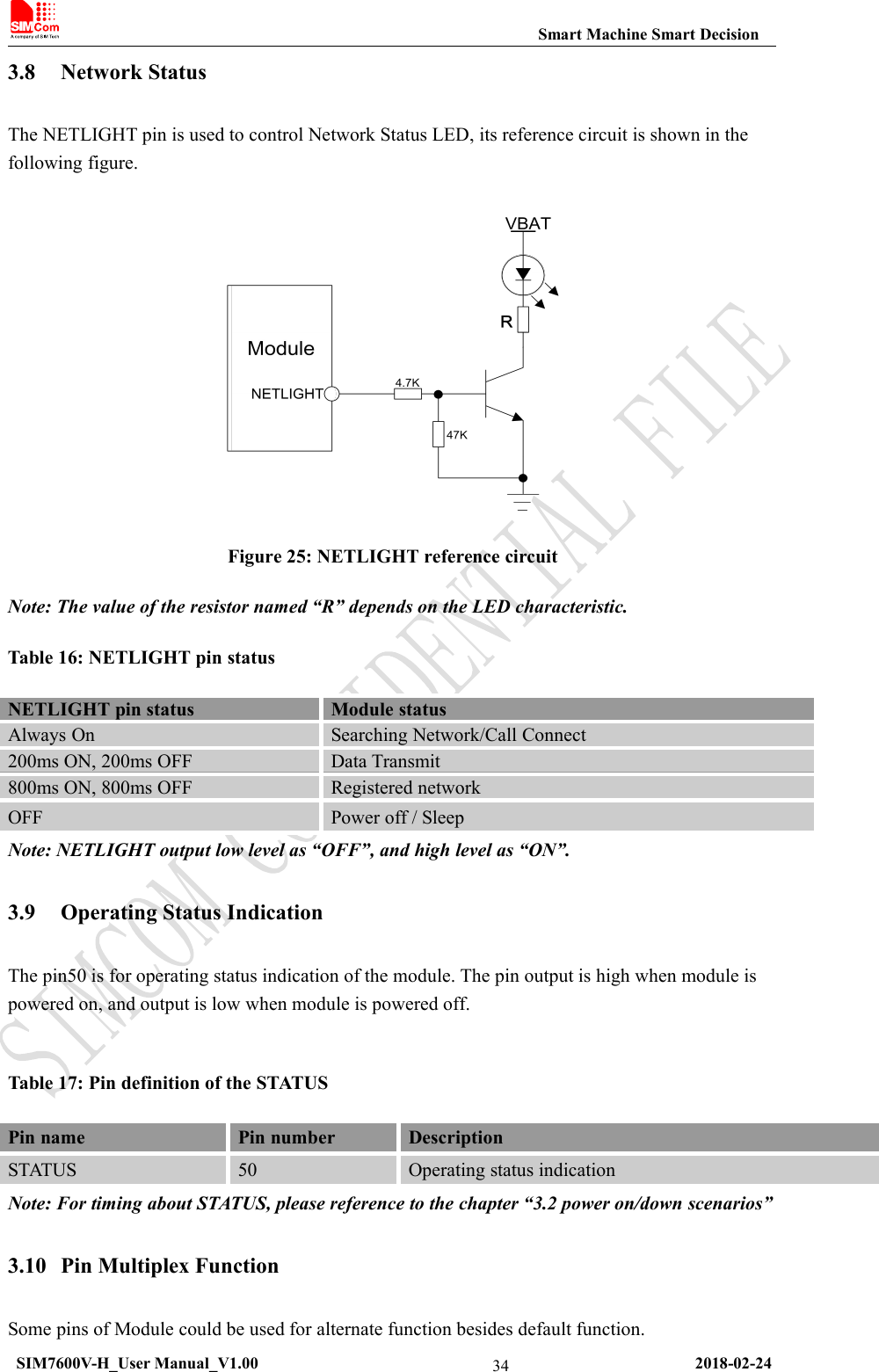 Smart Machine Smart DecisionSIM7600V-H_User Manual_V1.00 2018-02-24343.8 Network StatusThe NETLIGHT pin is used to control Network Status LED, its reference circuit is shown in thefollowing figure.Figure 25: NETLIGHT reference circuitNote: The value of the resistor named “R” depends on the LED characteristic.Table 16: NETLIGHT pin statusNETLIGHT pin statusModule statusAlways OnSearching Network/Call Connect200ms ON, 200ms OFFData Transmit800ms ON, 800ms OFFRegistered networkOFFPower off / SleepNote: NETLIGHT output low level as “OFF”, and high level as “ON”.3.9 Operating Status IndicationThe pin50 is for operating status indication of the module. The pin output is high when module ispowered on, and output is low when module is powered off.Table 17: Pin definition of the STATUSPin namePin numberDescriptionSTATUS50Operating status indicationNote: For timing about STATUS, please reference to the chapter “3.2 power on/down scenarios”3.10 Pin Multiplex FunctionSome pins of Module could be used for alternate function besides default function.