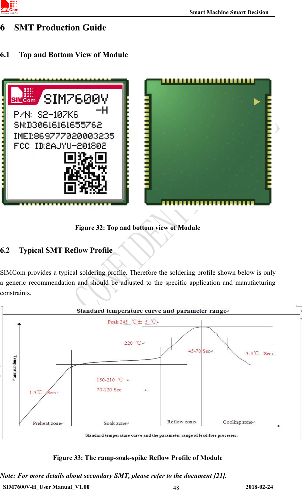 Smart Machine Smart DecisionSIM7600V-H_User Manual_V1.00 2018-02-24486SMT Production Guide6.1 Top and Bottom View of ModuleFigure 32: Top and bottom view of Module6.2 Typical SMT Reflow ProfileSIMCom provides a typical soldering profile. Therefore the soldering profile shown below is onlya generic recommendation and should be adjusted to the specific application and manufacturingconstraints.Figure 33: The ramp-soak-spike Reflow Profile of ModuleNote: For more details about secondary SMT, please refer to the document [21].