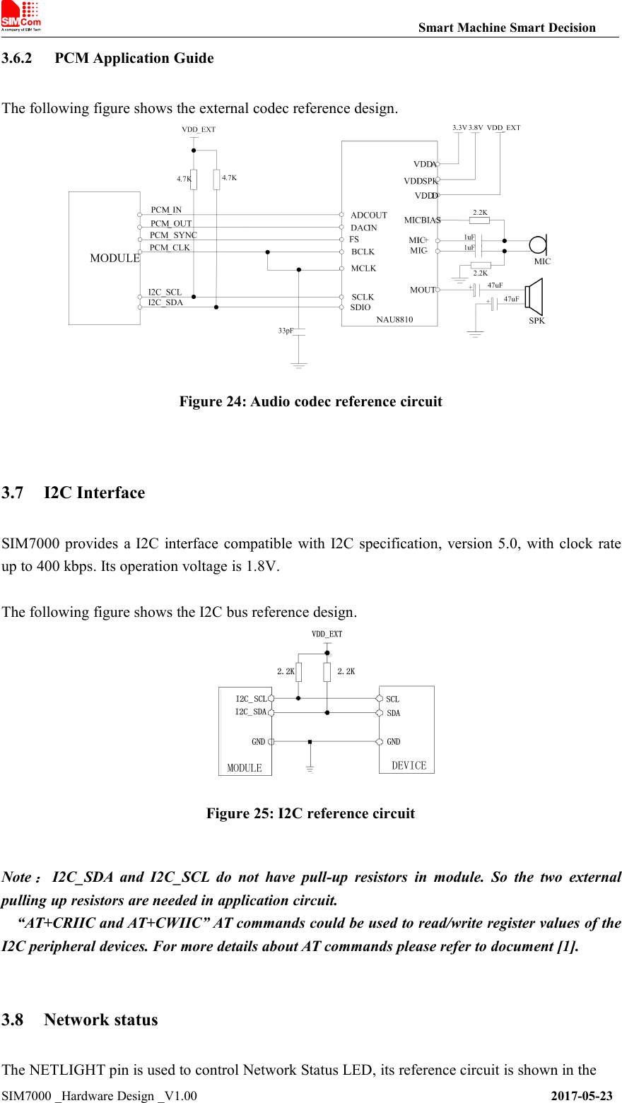 Smart Machine Smart DecisionSIM7000 _Hardware Design _V1.00 2017-05-233.6.2 PCM Application GuideThe following figure shows the external codec reference design.Figure 24: Audio codec reference circuit3.7 I2C InterfaceSIM7000 provides a I2C interface compatible with I2C specification, version 5.0, with clock rateup to 400 kbps. Its operation voltage is 1.8V.The following figure shows the I2C bus reference design.Figure 25: I2C reference circuitNote：I2C_SDA and I2C_SCL do not have pull-up resistors in module. So the two externalpulling up resistors are needed in application circuit.“AT+CRIIC and AT+CWIIC” AT commands could be used to read/write register values of theI2C peripheral devices. For more details about AT commands please refer to document [1].3.8 Network statusThe NETLIGHT pin is used to control Network Status LED, its reference circuit is shown in the