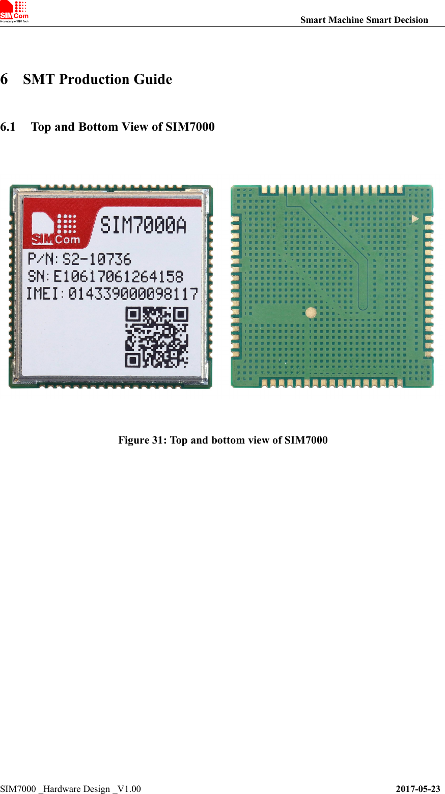 Smart Machine Smart DecisionSIM7000 _Hardware Design _V1.00 2017-05-236SMT Production Guide6.1 Top and Bottom View of SIM7000Figure 31: Top and bottom view of SIM7000