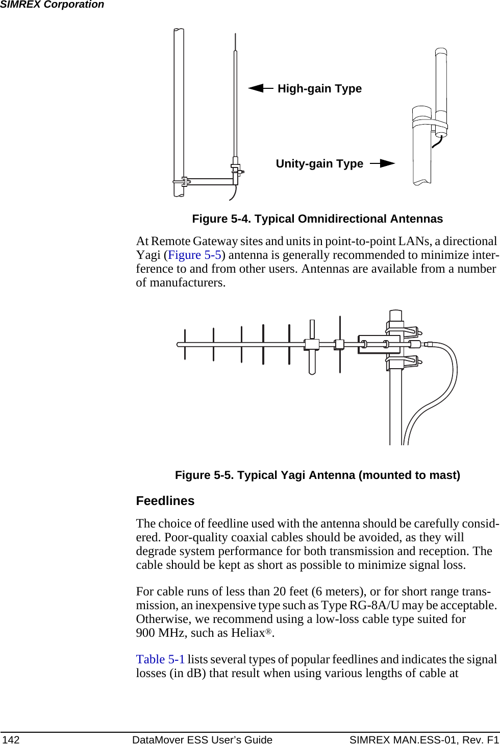 142 DataMover ESS User’s Guide SIMREX MAN.ESS-01, Rev. F1SIMREX CorporationInvisible place holderFigure 5-4. Typical Omnidirectional AntennasAt Remote Gateway sites and units in point-to-point LANs, a directional Yagi (Figure 5-5) antenna is generally recommended to minimize inter-ference to and from other users. Antennas are available from a number of manufacturers.Invisible place holderFigure 5-5. Typical Yagi Antenna (mounted to mast)FeedlinesThe choice of feedline used with the antenna should be carefully consid-ered. Poor-quality coaxial cables should be avoided, as they will degrade system performance for both transmission and reception. The cable should be kept as short as possible to minimize signal loss.For cable runs of less than 20 feet (6 meters), or for short range trans-mission, an inexpensive type such as Type RG-8A/U may be acceptable. Otherwise, we recommend using a low-loss cable type suited for 900 MHz, such as Heliax®.Table 5-1 lists several types of popular feedlines and indicates the signal losses (in dB) that result when using various lengths of cable at High-gain TypeUnity-gain Type