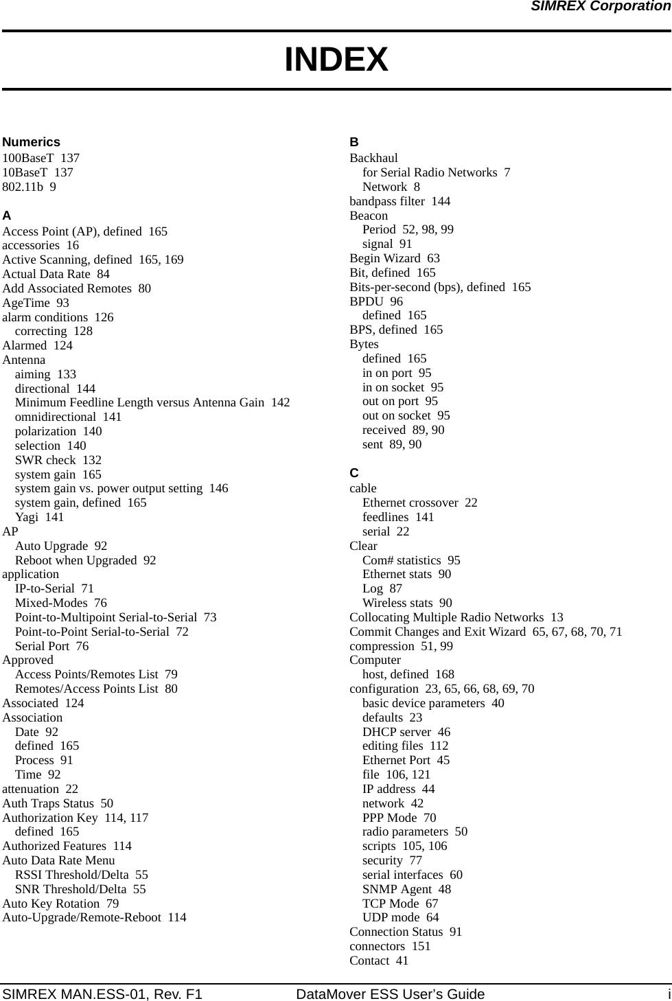 SIMREX MAN.ESS-01, Rev. F1 DataMover ESS User’s Guide iSIMREX CorporationINDEXNumerics100BaseT 13710BaseT 137802.11b 9AAccess Point (AP), defined 165accessories 16Active Scanning, defined 165, 169Actual Data Rate 84Add Associated Remotes 80AgeTime 93alarm conditions 126correcting 128Alarmed 124Antennaaiming 133directional 144Minimum Feedline Length versus Antenna Gain 142omnidirectional 141polarization 140selection 140SWR check 132system gain 165system gain vs. power output setting 146system gain, defined 165Yagi 141APAuto Upgrade 92Reboot when Upgraded 92applicationIP-to-Serial 71Mixed-Modes 76Point-to-Multipoint Serial-to-Serial 73Point-to-Point Serial-to-Serial 72Serial Port 76ApprovedAccess Points/Remotes List 79Remotes/Access Points List 80Associated 124AssociationDate 92defined 165Process 91Time 92attenuation 22Auth Traps Status 50Authorization Key 114, 117defined 165Authorized Features 114Auto Data Rate MenuRSSI Threshold/Delta 55SNR Threshold/Delta 55Auto Key Rotation 79Auto-Upgrade/Remote-Reboot 114BBackhaulfor Serial Radio Networks 7Network 8bandpass filter 144BeaconPeriod 52, 98, 99signal 91Begin Wizard 63Bit, defined 165Bits-per-second (bps), defined 165BPDU 96defined 165BPS, defined 165Bytesdefined 165in on port 95in on socket 95out on port 95out on socket 95received 89, 90sent 89, 90CcableEthernet crossover 22feedlines 141serial 22ClearCom# statistics 95Ethernet stats 90Log 87Wireless stats 90Collocating Multiple Radio Networks 13Commit Changes and Exit Wizard 65, 67, 68, 70, 71compression 51, 99Computerhost, defined 168configuration 23, 65, 66, 68, 69, 70basic device parameters 40defaults 23DHCP server 46editing files 112Ethernet Port 45file 106, 121IP address 44network 42PPP Mode 70radio parameters 50scripts 105, 106security 77serial interfaces 60SNMP Agent 48TCP Mode 67UDP mode 64Connection Status 91connectors 151Contact 41