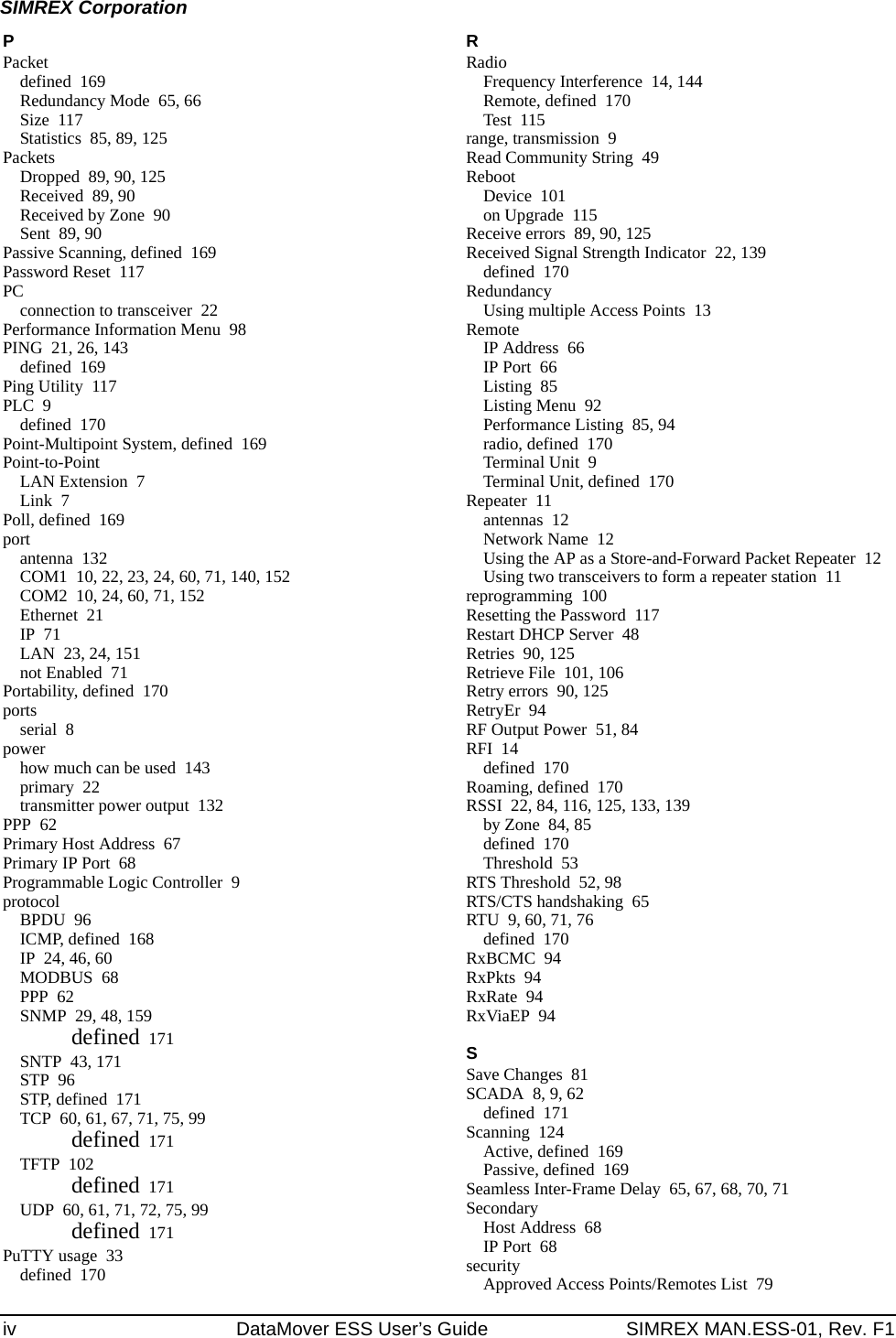 iv DataMover ESS User’s Guide SIMREX MAN.ESS-01, Rev. F1SIMREX CorporationPPacketdefined 169Redundancy Mode 65, 66Size 117Statistics 85, 89, 125PacketsDropped 89, 90, 125Received 89, 90Received by Zone 90Sent 89, 90Passive Scanning, defined 169Password Reset 117PCconnection to transceiver 22Performance Information Menu 98PING 21, 26, 143defined 169Ping Utility 117PLC 9defined 170Point-Multipoint System, defined 169Point-to-PointLAN Extension 7Link 7Poll, defined 169portantenna 132COM1 10, 22, 23, 24, 60, 71, 140, 152COM2 10, 24, 60, 71, 152Ethernet 21IP 71LAN 23, 24, 151not Enabled 71Portability, defined 170portsserial 8powerhow much can be used 143primary 22transmitter power output 132PPP 62Primary Host Address 67Primary IP Port 68Programmable Logic Controller 9protocolBPDU 96ICMP, defined 168IP 24, 46, 60MODBUS 68PPP 62SNMP 29, 48, 159defined 171SNTP 43, 171STP 96STP, defined 171TCP 60, 61, 67, 71, 75, 99defined 171TFTP 102defined 171UDP 60, 61, 71, 72, 75, 99defined 171PuTTY usage 33defined 170RRadioFrequency Interference 14, 144Remote, defined 170Test 115range, transmission 9Read Community String 49RebootDevice 101on Upgrade 115Receive errors 89, 90, 125Received Signal Strength Indicator 22, 139defined 170RedundancyUsing multiple Access Points 13RemoteIP Address 66IP Port 66Listing 85Listing Menu 92Performance Listing 85, 94radio, defined 170Terminal Unit 9Terminal Unit, defined 170Repeater 11antennas 12Network Name 12Using the AP as a Store-and-Forward Packet Repeater 12Using two transceivers to form a repeater station 11reprogramming 100Resetting the Password 117Restart DHCP Server 48Retries 90, 125Retrieve File 101, 106Retry errors 90, 125RetryEr 94RF Output Power 51, 84RFI 14defined 170Roaming, defined 170RSSI 22, 84, 116, 125, 133, 139by Zone 84, 85defined 170Threshold 53RTS Threshold 52, 98RTS/CTS handshaking 65RTU 9, 60, 71, 76defined 170RxBCMC 94RxPkts 94RxRate 94RxViaEP 94SSave Changes 81SCADA 8, 9, 62defined 171Scanning 124Active, defined 169Passive, defined 169Seamless Inter-Frame Delay 65, 67, 68, 70, 71SecondaryHost Address 68IP Port 68securityApproved Access Points/Remotes List 79