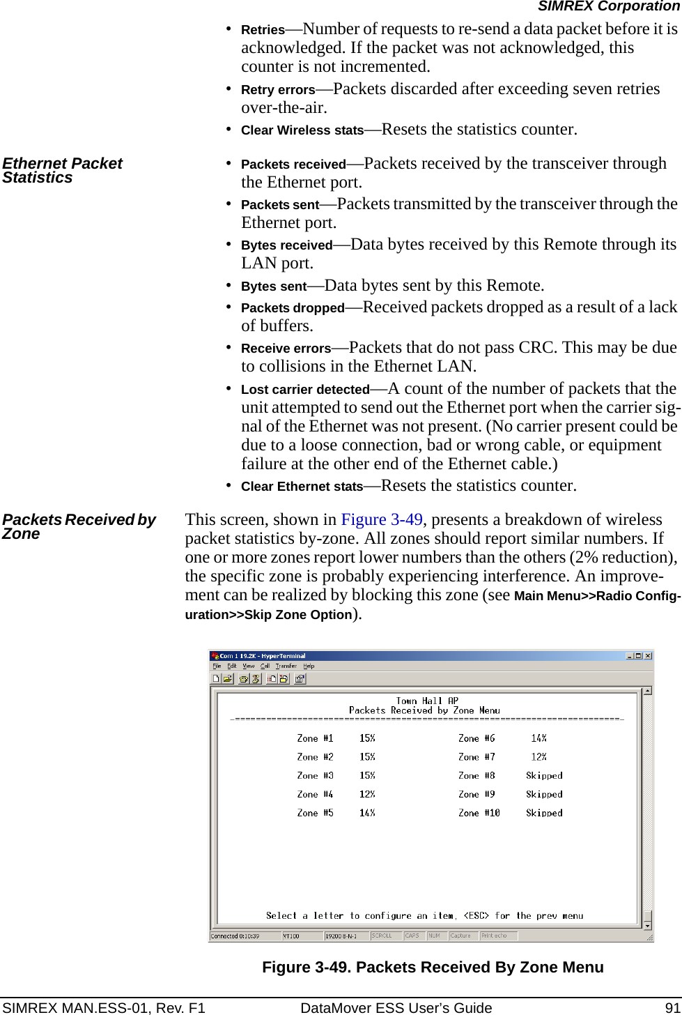 SIMREX MAN.ESS-01, Rev. F1 DataMover ESS User’s Guide 91SIMREX Corporation•Retries—Number of requests to re-send a data packet before it is acknowledged. If the packet was not acknowledged, this counter is not incremented.•Retry errors—Packets discarded after exceeding seven retries over-the-air.•Clear Wireless stats—Resets the statistics counter.Ethernet Packet Statistics •Packets received—Packets received by the transceiver through the Ethernet port.•Packets sent—Packets transmitted by the transceiver through the Ethernet port.•Bytes received—Data bytes received by this Remote through its LAN port.•Bytes sent—Data bytes sent by this Remote.•Packets dropped—Received packets dropped as a result of a lack of buffers.•Receive errors—Packets that do not pass CRC. This may be due to collisions in the Ethernet LAN.•Lost carrier detected—A count of the number of packets that the unit attempted to send out the Ethernet port when the carrier sig-nal of the Ethernet was not present. (No carrier present could be due to a loose connection, bad or wrong cable, or equipment failure at the other end of the Ethernet cable.)•Clear Ethernet stats—Resets the statistics counter.Packets Received by Zone This screen, shown in Figure 3-49, presents a breakdown of wireless packet statistics by-zone. All zones should report similar numbers. If one or more zones report lower numbers than the others (2% reduction), the specific zone is probably experiencing interference. An improve-ment can be realized by blocking this zone (see Main Menu&gt;&gt;Radio Config-uration&gt;&gt;Skip Zone Option).Invisible place holderFigure 3-49. Packets Received By Zone Menu