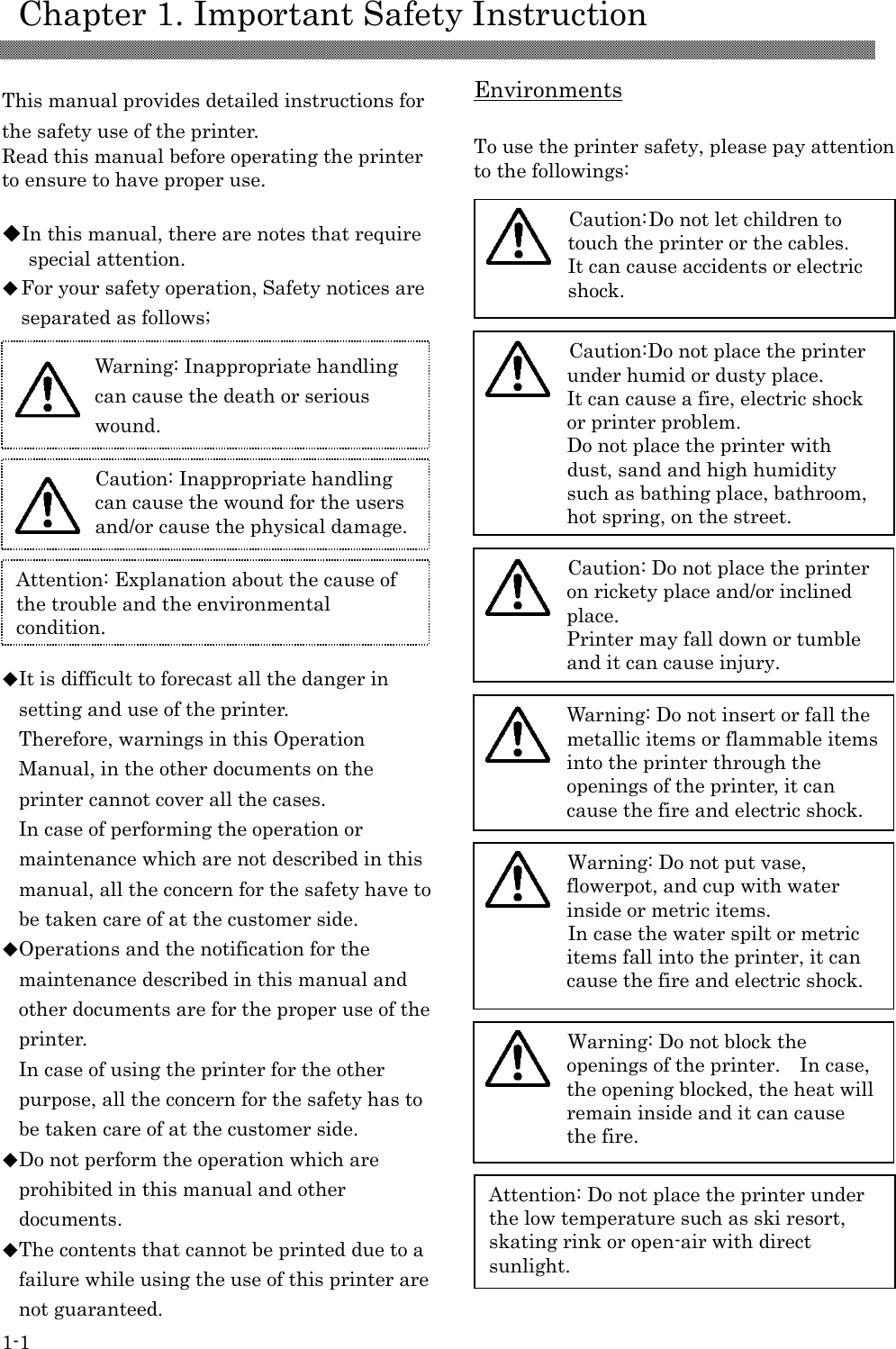     Chapter 1. Important Safety Instruction 1-1  This manual provides detailed instructions for the safety use of the printer. Read this manual before operating the printer to ensure to have proper use.  ◆In this manual, there are notes that require special attention. ◆For your safety operation, Safety notices are separated as follows;               ◆It is difficult to forecast all the danger in setting and use of the printer. Therefore, warnings in this Operation Manual, in the other documents on the printer cannot cover all the cases. In case of performing the operation or maintenance which are not described in this manual, all the concern for the safety have to be taken care of at the customer side. ◆Operations and the notification for the maintenance described in this manual and other documents are for the proper use of the printer. In case of using the printer for the other purpose, all the concern for the safety has to be taken care of at the customer side. ◆Do not perform the operation which are prohibited in this manual and other documents. ◆The contents that cannot be printed due to a failure while using the use of this printer are not guaranteed.  Environments  To use the printer safety, please pay attention to the followings:                                       Attention: Explanation about the cause of the trouble and the environmental condition.  Caution: Inappropriate handling can cause the wound for the users and/or cause the physical damage.   Warning: Inappropriate handling can cause the death or serious wound.  Attention: Do not place the printer under the low temperature such as ski resort, skating rink or open-air with direct sunlight.  Warning: Do not block the openings of the printer.    In case, the opening blocked, the heat will remain inside and it can cause the fire.   Caution: Do not place the printer on rickety place and/or inclined place. Printer may fall down or tumble and it can cause injury.  Caution: Do not place the printer under humid or dusty place. It can cause a fire, electric shock or printer problem. Do not place the printer with dust, sand and high humidity such as bathing place, bathroom, hot spring, on the street.  Warning: Do not put vase, flowerpot, and cup with water inside or metric items. In case the water spilt or metric items fall into the printer, it can cause the fire and electric shock.   Warning: Do not insert or fall the metallic items or flammable items into the printer through the openings of the printer, it can cause the fire and electric shock.   Caution: Do not let children to touch the printer or the cables. It can cause accidents or electric shock.   