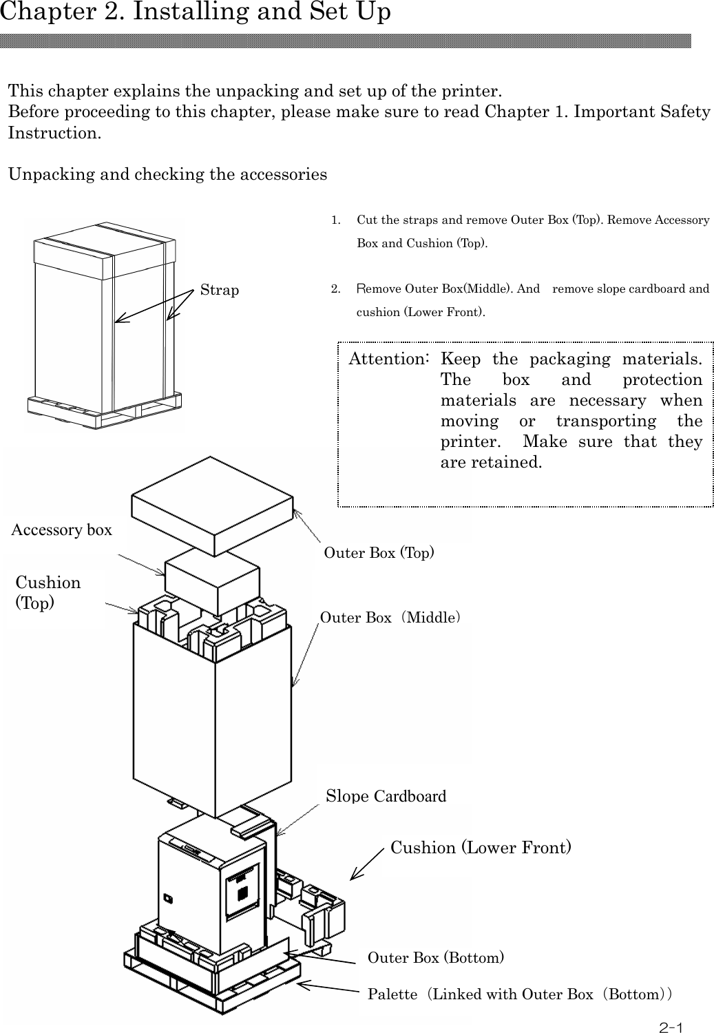  Chapter 2. Installing and Set Up 2-1  This chapter explains the unpacking and set up of the printer. Before proceeding to this chapter, please make sure to read Chapter 1. Important Safety Instruction.  Unpacking and checking the accessories                       1. Cut the straps and remove Outer Box (Top). Remove Accessory Box and Cushion (Top).  2. Remove Outer Box(Middle). And    remove slope cardboard and cushion (Lower Front).                Attention:  Keep  the  packaging  materials.   The  box  and  protection materials  are  necessary  when moving  or  transporting  the printer.    Make  sure  that  they are retained. Strap Accessory box   Slope Cardboard Cushion (Lower Front)  Outer Box (Top) Cushion (Top)    Outer Box（Middle） Outer Box (Bottom) Palette（Linked with Outer Box（Bottom）） 