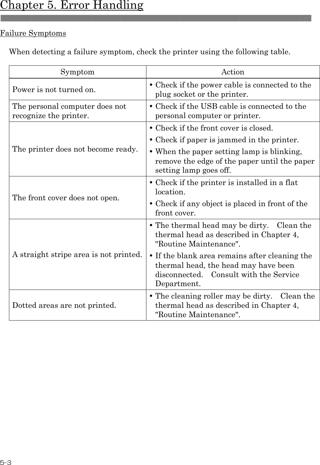  Chapter 5. Error Handling 5-3  Failure Symptoms  When detecting a failure symptom, check the printer using the following table.  Symptom  Action Power is not turned on.   Check if the power cable is connected to the plug socket or the printer. The personal computer does not recognize the printer.  Check if the USB cable is connected to the personal computer or printer. The printer does not become ready.  Check if the front cover is closed.  Check if paper is jammed in the printer.  When the paper setting lamp is blinking, remove the edge of the paper until the paper setting lamp goes off. The front cover does not open.  Check if the printer is installed in a flat location.  Check if any object is placed in front of the front cover. A straight stripe area is not printed.  The thermal head may be dirty.    Clean the thermal head as described in Chapter 4, &quot;Routine Maintenance&quot;.  If the blank area remains after cleaning the thermal head, the head may have been disconnected.    Consult with the Service Department. Dotted areas are not printed.  The cleaning roller may be dirty.    Clean the thermal head as described in Chapter 4, &quot;Routine Maintenance&quot;.  