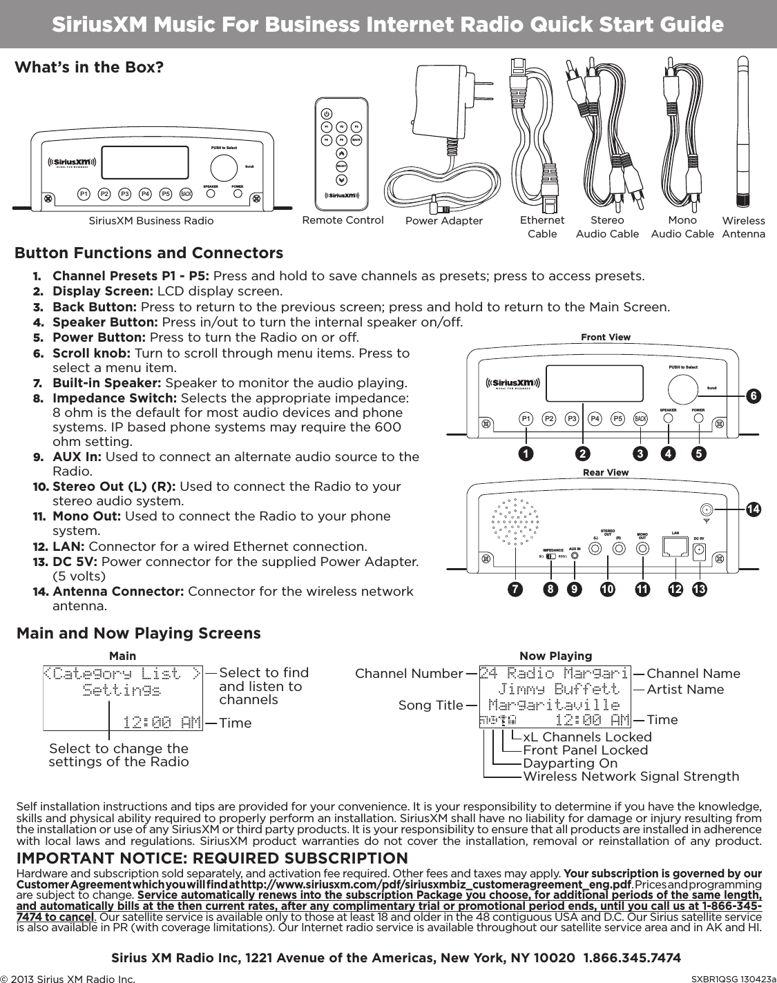 SIRIUS Siriusxm Business Radio Quick Start Guide 130424A User Manual XM
