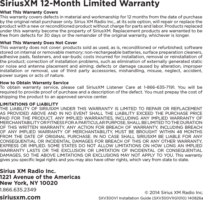 Page 12 of 12 - SIRIUS Sxv300 Vehicle Tuner Installation Guide 5X5 140826A User Manual