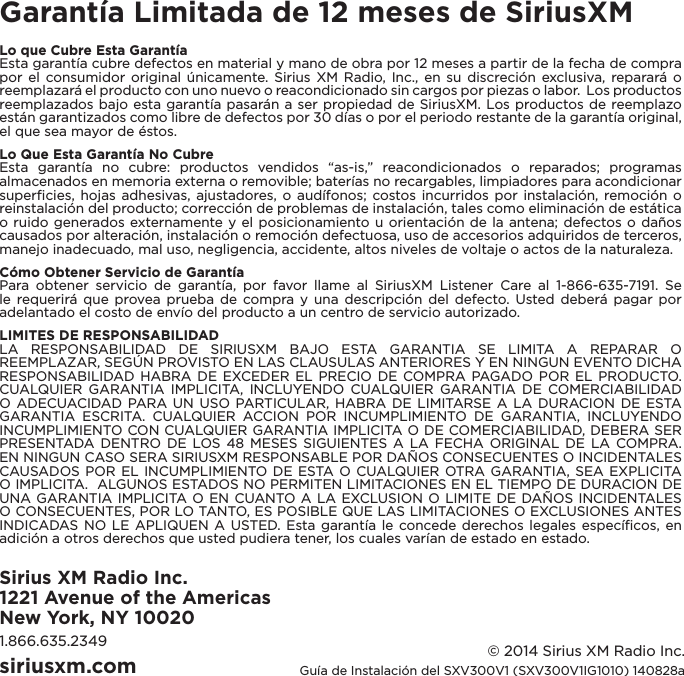 Page 12 of 12 - SIRIUS Sxv300 Vehicle Tuner Installation Guide Spanish 5X5 140828A User Manual