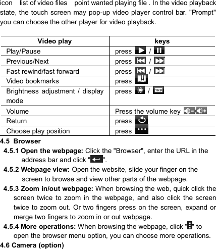                            icon list of video files point wanted playing file . In the video playback state, the touch screen may pop-up video player control bar. &quot;Prompt&quot; you can choose the other player for video playback.  Video play  keys Play/Pause  press   /   Previous/Next  press    /   Fast rewind/fast forward  press    /   Video bookmarks  press   Brightness  adjustment  /  display mode   press    /   Volume  Press the volume key  /  Return  press   Choose play position  press   4.5 Browser  4.5.1 Open the webpage: Click the &quot;Browser&quot;, enter the URL in the address bar and click &quot; &quot;. 4.5.2 Webpage view: Open the website, slide your finger on the screen to browse and view other parts of the webpage.   4.5.3 Zoom in/out webpage: When browsing the web, quick click the screen  twice  to  zoom  in  the  webpage,  and  also  click  the  screen twice to  zoom out.  Or two fingers press  on the screen,  expand or merge two fingers to zoom in or out webpage.   4.5.4 More operations: When browsing the webpage, click &quot; &quot; to open the browser menu option, you can choose more operations. 4.6 Camera (option) 