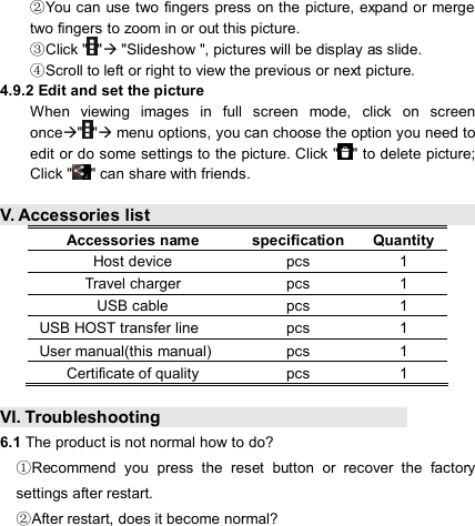                            ②You can use two fingers press on the  picture, expand or merge two fingers to zoom in or out this picture. C③lick &quot; &quot; &quot;Slideshow &quot;, pictures will be display as slide. ④Scroll to left or right to view the previous or next picture. 4.9.2 Edit and set the picture When  viewing  images  in  full  screen  mode,  click  on  screen once&quot; &quot; menu options, you can choose the option you need to edit or do some settings to the picture. Click &quot; &quot; to delete picture; Click &quot; &quot; can share with friends.  V. Accessories list                                                                      Accessories name  specification Quantity Host device  pcs  1 Travel charger  pcs  1 USB cable  pcs  1 USB HOST transfer line  pcs  1 User manual(this manual)  pcs  1 Certificate of quality  pcs  1  VI. Troubleshooting                                             6.1 The product is not normal how to do? Recommend  you  press  the  reset  button  or  recover  the  factory ①settings after restart. After restart,② does it become normal? 