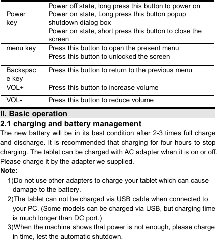                             Power key Power off state, long press this button to power on   Power on state, Long press this button popup shutdown dialog box Power on state, short press this button to close the screen menu key         Press this button to open the present menu Press this button to unlocked the screen Backspace key Press this button to return to the previous menu VOL+  Press this button to increase volume VOL-  Press this button to reduce volume II. Basic operation                                                                   2.1 charging and battery management The new battery  will be in its best condition  after  2-3 times full charge and discharge. It is  recommended that  charging for four hours to stop charging. The tablet can be charged with AC adapter when it is on or off. Please charge it by the adapter we supplied. Note:   1) Do not use other adapters to charge your tablet which can cause damage to the battery. 2) The tablet can not be charged via USB cable when connected to your PC. (Some models can be charged via USB, but charging time is much longer than DC port.) 3) When the machine shows that power is not enough, please charge in time, lest the automatic shutdown.  