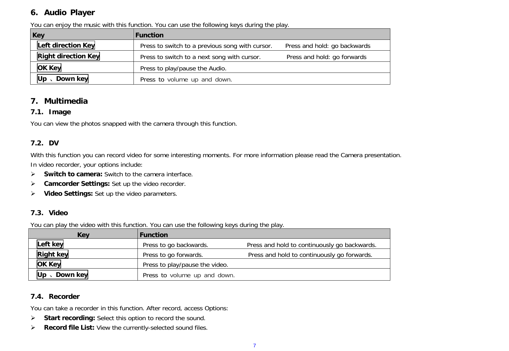  76. Audio Player You can enjoy the music with this function. You can use the following keys during the play.  Key  Function Left direction Key Press to switch to a previous song with cursor.    Press and hold: go backwards Right direction Key  Press to switch to a next song with cursor.            Press and hold: go forwards OK Key Press to play/pause the Audio.     Up  、Down key  Press to volume up and down.  7. Multimedia 7.1. Image You can view the photos snapped with the camera through this function.    7.2. DV With this function you can record video for some interesting moments. For more information please read the Camera presentation. In video recorder, your options include:  Switch to camera: Switch to the camera interface.  Camcorder Settings: Set up the video recorder.    Video Settings: Set up the video parameters.    7.3. Video You can play the video with this function. You can use the following keys during the play.    Key  Function  Left key Press to go backwards.            Press and hold to continuously go backwards.  Right key Press to go forwards.              Press and hold to continuously go forwards.   OK Key Press to play/pause the video.     Up  、Down key  Press to volume up and down.  7.4. Recorder You can take a recorder in this function. After record, access Options:  Start recording: Select this option to record the sound.  Record file List: View the currently-selected sound files. 