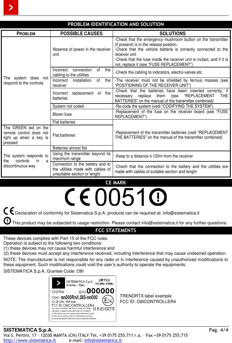  SISTEMATICA S.p.A. Pag. 4/4 Via S. Pertini, 17 – 12030 MANTA (CN) ITALY Tel. +39 0175 255.711 r.a. – Fax +39 0175 255.715 http://www.sistematica.it          e-mail: info@sistematica.it   PROBLEM IDENTIFICATION AND SOLUTION  PROBLEM  POSSIBLE CAUSES  SOLUTIONS Absence of power in the receiver unit -Check that the emergency mushroom button on the transmitter (if present) is in the release position. -Check  that  the  vehicle  batterie  is  correctly  connected  to  the receiver unit -Check that the fuse inside the receiver unit is inctact, and if it is not, replace it (see “FUSE REPLACEMENT”) Incorrect  connection  of  the cabling to the utilities  -Check the cabling to indicators, electro-valves etc. Incorrect  installation  of  the receiver  -The  receiver  must  not  be  shielded  by  ferrous  masses  (see “POSITIONING OF THE RECEIVER UNIT”) Incorrect  replacement  of  the batteries -Check  that  the  batteries  have  been  inserted  correctly;  if necessary  replace  them  (see  “REPLACEMENT  THE BATTERIES” on the manual of the transmitter combined) System not coded  -Re-code the system (vedi “CODIFYING THE SYSTEM”) Blown fuse  -Replacement  of  the  fuse  on  the  receiver  board  (see  “FUSE REPLACEMENT”) The  system  does  not respond to the controls Flat batteries The  GREEN  led  on  the remote  control  does  not light  up  when  a  key  is pressed Flat batteries Batteries almost flat -Replacement of the transmitter batteries (vedi “REPLACEMENT THE BATTERIES” on the manual of the transmitter combined) Using  the  transmitter  beyond  its maximum range  -Keep to a distance ≤ 120m from the receiver The  system  responds  to the  controls  in  a discontinuous way  Connection to the battery and to the  utilities  made  with  cables  of unsuitable section or lenght -Chech  that  the  connection  to  the  battery  and  the  utilities  are made with cables of suitable section and lenght  CE MARK     Declaration of conformity for Sistematica S.p.A. products can be required at: info@sistematica.it   This product may be subjected to usage restriction. Please contact info@sistematica.it for any further questions.  FCC STATEMENTS  These devices complies with Part 15 of the FCC rules. Operation is subject to the following two conditions: (1) these devices may not cause harmful interference and (2) these devices must accept any interference received, including interference that may cause undesired operation.  NOTE: The manufacturer is not responsible for any radio or tv interference caused by unauthorized modifications to these equipment. Such modifications could void the user’s authority to operate the equipments.  SISTEMATICA S.p.A. Grantee Code: O8I   TRENDRTX label example FCC ID: O8ICONTROLLER4  