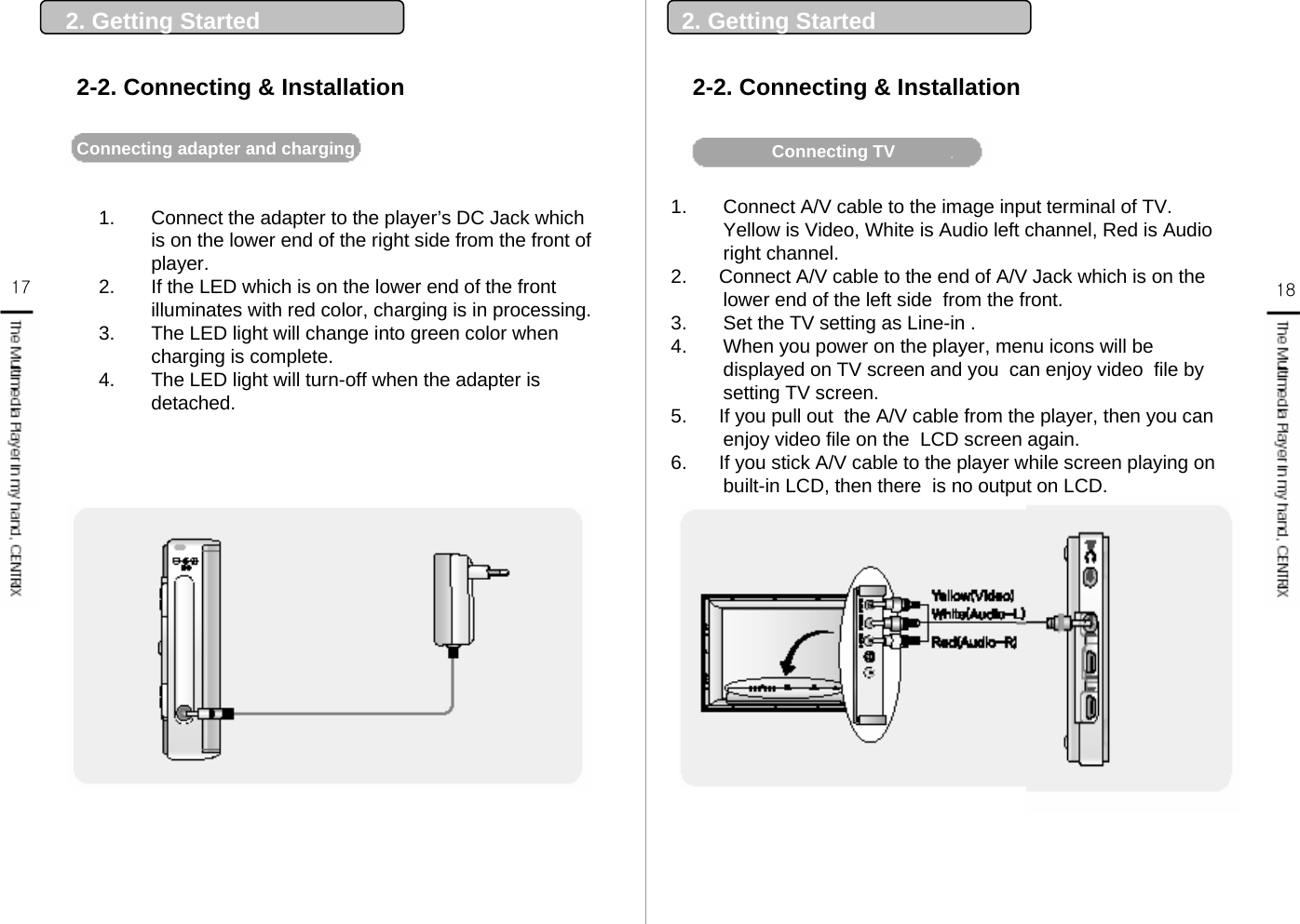 17 181. Connect the adapter to the player’s DC Jack which is on the lower end of the right side from the front of player.2. If the LED which is on the lower end of the front illuminates with red color, charging is in processing. 3. The LED light will change into green color when charging is complete. 4. The LED light will turn-off when the adapter is detached. Connecting adapter and charging  2. Getting Started 2. Getting StartedConnecting TV1. Connect A/V cable to the image input terminal of TV. Yellow is Video, White is Audio left channel, Red is Audio right channel.2.      Connect A/V cable to the end of A/V Jack which is on thelower end of the left side  from the front. 3. Set the TV setting as Line-in .4. When you power on the player, menu icons will be displayed on TV screen and you  can enjoy video  file by setting TV screen.5.      If you pull out  the A/V cable from the player, then you can enjoy video file on the  LCD screen again.6.      If you stick A/V cable to the player while screen playing on built-in LCD, then there  is no output on LCD.2-2. Connecting &amp; Installation2-2. Connecting &amp; Installation