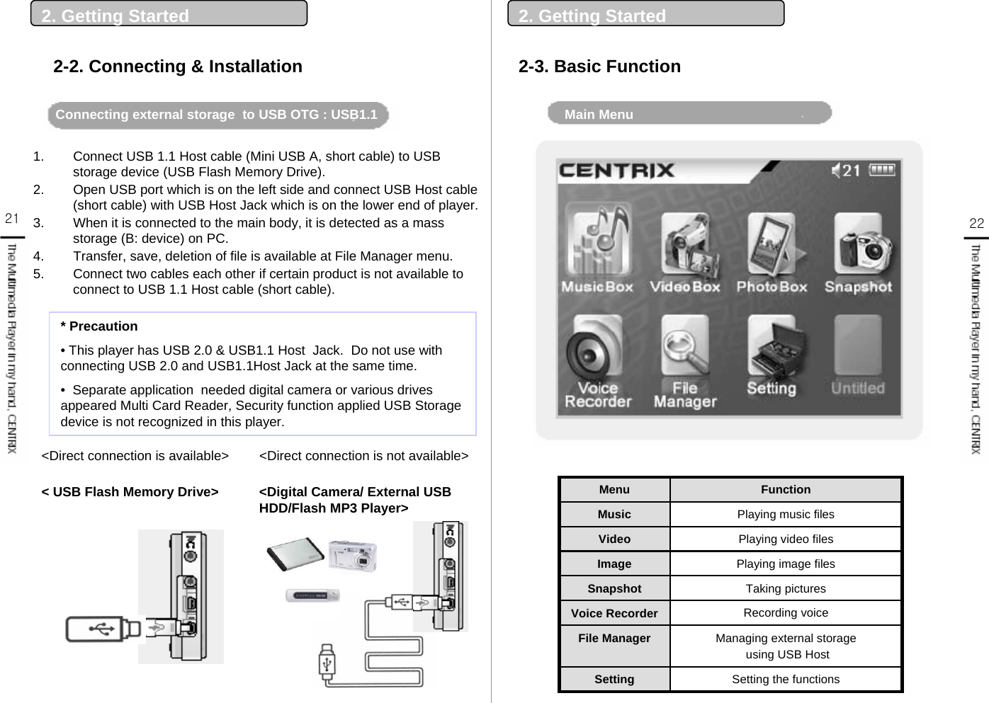 21 222. Getting Started2-2. Connecting &amp; Installation 2-3. Basic Function2. Getting Started&lt; USB Flash Memory Drive&gt;  &lt;Digital Camera/ External USB HDD/Flash MP3 Player&gt;1. Connect USB 1.1 Host cable (Mini USB A, short cable) to USB storage device (USB Flash Memory Drive). 2. Open USB port which is on the left side and connect USB Host cable (short cable) with USB Host Jack which is on the lower end of player.  3. When it is connected to the main body, it is detected as a mass storage (B: device) on PC. 4. Transfer, save, deletion of file is available at File Manager menu.5. Connect two cables each other if certain product is not available to connect to USB 1.1 Host cable (short cable). Connecting external storage  to USB OTG : USB1.1 Main MenuFunctionMenuSetting the functionsSettingManaging external storageusing USB HostFile ManagerRecording voiceVoice RecorderTaking picturesSnapshotPlaying image filesImagePlaying video filesVideoPlaying music filesMusic&lt;Direct connection is available&gt; &lt;Direct connection is not available&gt;* Precaution• This player has USB 2.0 &amp; USB1.1 Host  Jack.  Do not use with connecting USB 2.0 and USB1.1Host Jack at the same time. • Separate application  needed digital camera or various drives appeared Multi Card Reader, Security function applied USB Storage device is not recognized in this player.