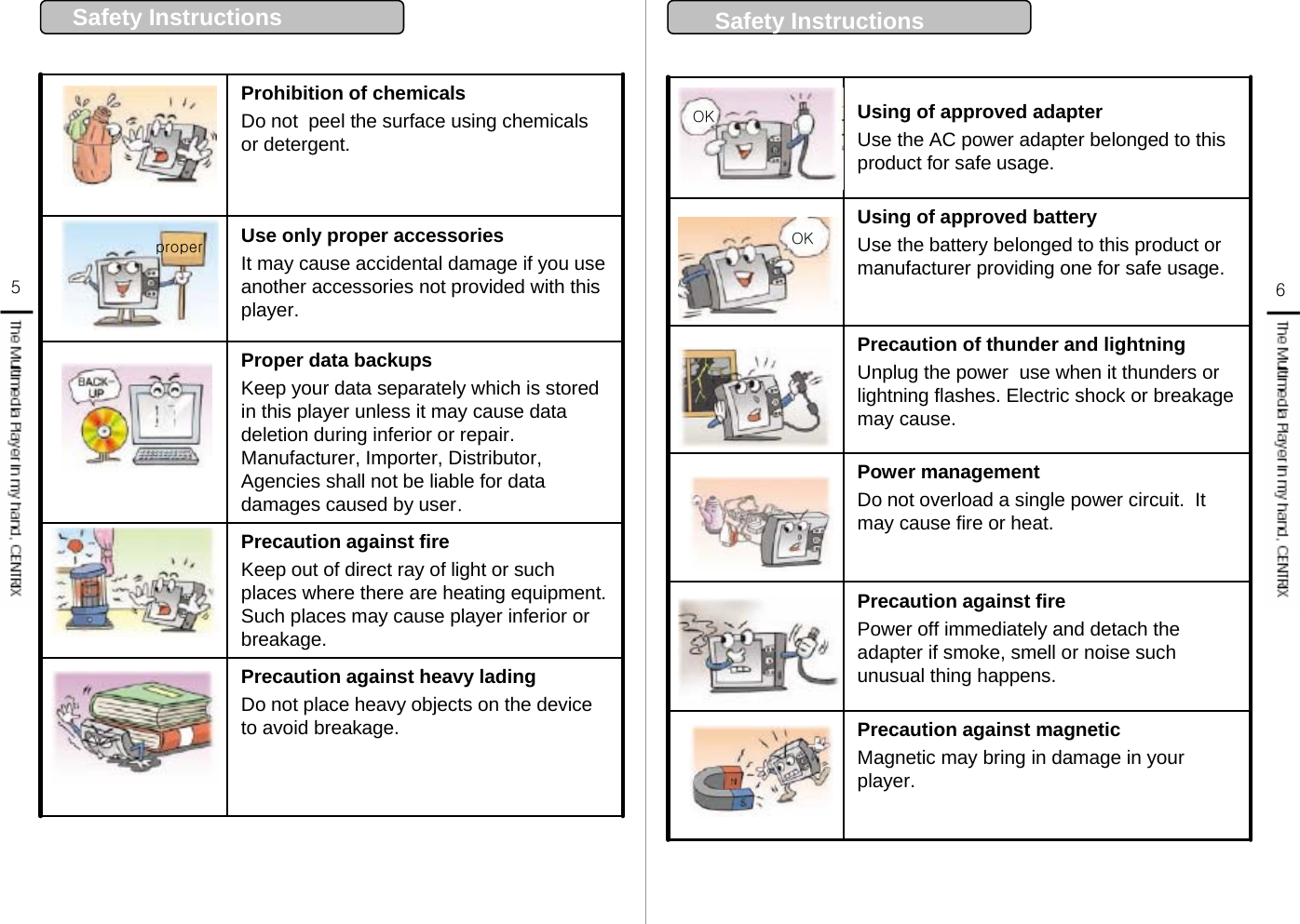 Safety Instructions  Precaution against heavy ladingDo not place heavy objects on the device to avoid breakage.Precaution against fireKeep out of direct ray of light or such places where there are heating equipment. Such places may cause player inferior or breakage. Proper data backupsKeep your data separately which is stored in this player unless it may cause data deletion during inferior or repair. Manufacturer, Importer, Distributor, Agencies shall not be liable for data damages caused by user.Use only proper accessoriesIt may cause accidental damage if you use another accessories not provided with this player. Prohibition of chemicalsDo not  peel the surface using chemicals or detergent. proper56Precaution against firePower off immediately and detach the adapter if smoke, smell or noise such unusual thing happens. Precaution against magneticMagnetic may bring in damage in your player. Power management Do not overload a single power circuit.  It may cause fire or heat. Precaution of thunder and lightning Unplug the power  use when it thunders or lightning flashes. Electric shock or breakage may cause.   Using of approved batteryUse the battery belonged to this product or manufacturer providing one for safe usage.Using of approved adapterUse the AC power adapter belonged to this product for safe usage. OKOKSafety Instructions  