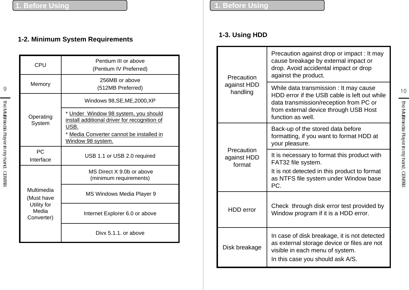 9101. Before Using1-2. Minimum System Requirements* Under  Window 98 system, you should install additional driver for recognition of USB.* Media Converter cannot be installed in Window 98 system.USB 1.1 or USB 2.0 requiredPCInterfaceInternet Explorer 6.0 or aboveMS Windows Media Player 9MS Direct X 9.0b or above (minimum requirements)Multimedia (Must have Utility for Media Converter)Divx 5.1.1. or aboveWindows 98,SE,ME,2000,XP Operating System 256MB or above(512MB Preferred)MemoryPentium III or above(Pentium IV Preferred)CPUWhile data transmission : It may cause HDD error if the USB cable is left out while data transmission/reception from PC or from external device through USB Host  function as well. Precaution against drop or impact : It may cause breakage by external impact or drop. Avoid accidental impact or drop against the product. Precaution against HDD handlingBack-up of the stored data before formatting, if you want to format HDD at your pleasure. Precaution against HDD formatIn case of disk breakage, it is not detected as external storage device or files are not visible in each menu of system. In this case you should ask A/S.Disk breakageCheck  through disk error test provided by Window program if it is a HDD error.HDD errorIt is necessary to format this product with FAT32 file system. It is not detected in this product to format as NTFS file system under Window base PC.1. Before Using1-3. Using HDD