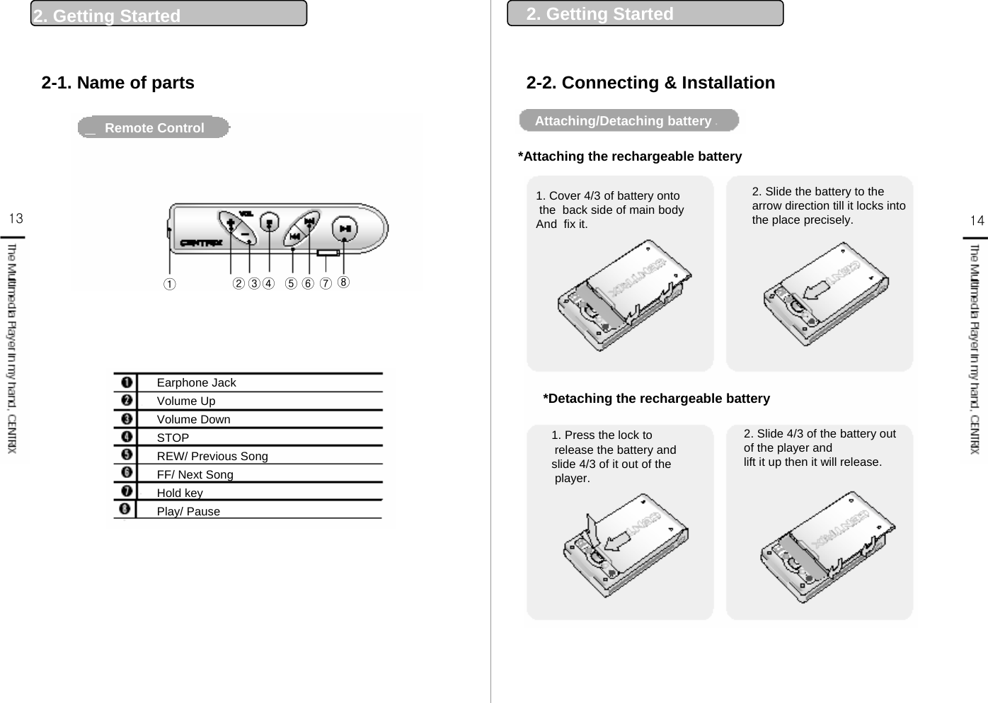 142. Getting Started132-1. Name of partsEarphone JackVolume UpVolume DownSTOPREW/ Previous SongFF/ Next SongHold keyPlay/ PauseRemote Control①②③④ ⑤⑥ ⑦⑧Attaching/Detaching battery2. Slide the battery to the  arrow direction till it locks into the place precisely. *Detaching the rechargeable battery 1. Cover 4/3 of battery ontothe  back side of main body And  fix it.*Attaching the rechargeable battery 2. Slide 4/3 of the battery out of the player andlift it up then it will release. 1. Press the lock torelease the battery andslide 4/3 of it out of theplayer.   2-2. Connecting &amp; Installation2. Getting Started