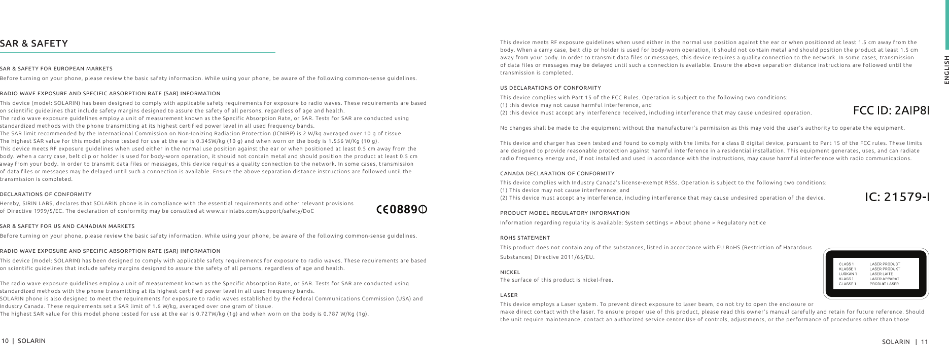 SAR &amp; SAFETY FOR EUROPEAN MARKETS RADIO WAVE EXPOSURE AND SPECIFIC ABSORPTION RATE (SAR) INFORMATIONDECLARATIONS OF CONFORMITYSAR &amp; SAFETY FOR US AND CANADIAN MARKETSRADIO WAVE EXPOSURE AND SPECIFIC ABSORPTION RATE (SAR) INFORMATIONSAR &amp; SAFETY0889US DECLARATIONS OF CONFORMITYCANADA DECLARATION OF CONFORMITYPRODUCT MODEL REGULATORY INFORMATIONROHS STATEMENTNICKEL LASER ENGLISH10  |  SOLARIN SOLARIN   |  11  