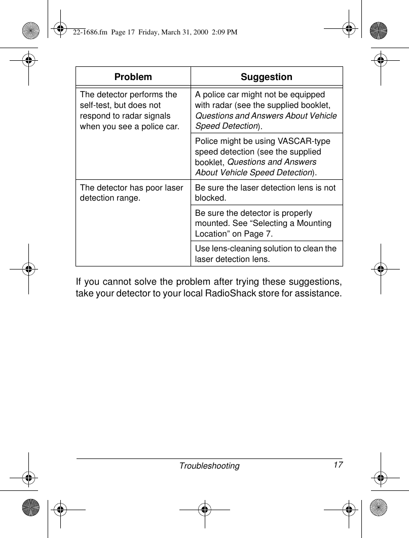 17TroubleshootingIf you cannot solve the problem after trying these suggestions,take your detector to your local RadioShack store for assistance.The detector performs the self-test, but does not respond to radar signals when you see a police car.A police car might not be equipped with radar (see the supplied booklet, Questions and Answers About Vehicle Speed Detection). Police might be using VASCAR-type speed detection (see the supplied booklet, Questions and Answers About Vehicle Speed Detection).The detector has poor laser detection range.Be sure the laser detection lens is not blocked.Be sure the detector is properly mounted. See “Selecting a Mounting Location” on Page 7.Use lens-cleaning solution to clean the laser detection lens.Problem Suggestion22-1686.fm  Page 17  Friday, March 31, 2000  2:09 PM