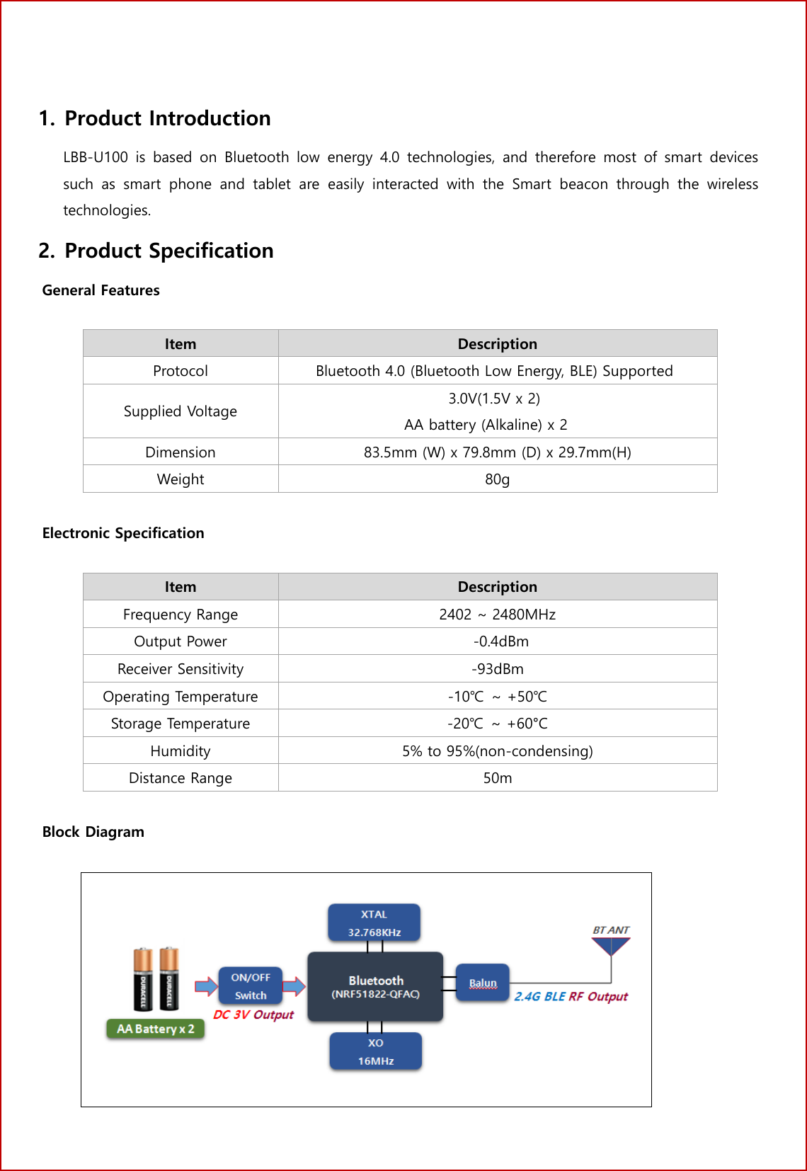 1 No. 1. Product IntroductionLBB-U100  is  based  on  Bluetooth  low  energy  4.0  technologies,  and  therefore  most  of  smart  devicessuch  as  smart  phone  and  tablet  are  easily  interacted  with  the  Smart  beacon  through  the  wirelesstechnologies.2. Product SpecificationGeneral Features Item Description Protocol Bluetooth 4.0 (Bluetooth Low Energy, BLE) Supported Supplied Voltage 3.0V(1.5V x 2) AA battery (Alkaline) x 2 Dimension 83.5mm (W) x 79.8mm (D) x 29.7mm(H) Weight 80g Electronic Specification Item Description Frequency Range 2402 ~ 2480MHz Output Power -0.4dBmReceiver Sensitivity -93dBmOperating Temperature -10℃  ~ +50℃Storage Temperature -20℃  ~ +60&deg;CHumidity 5% to 95%(non-condensing) Distance Range 50m Block Diagram 