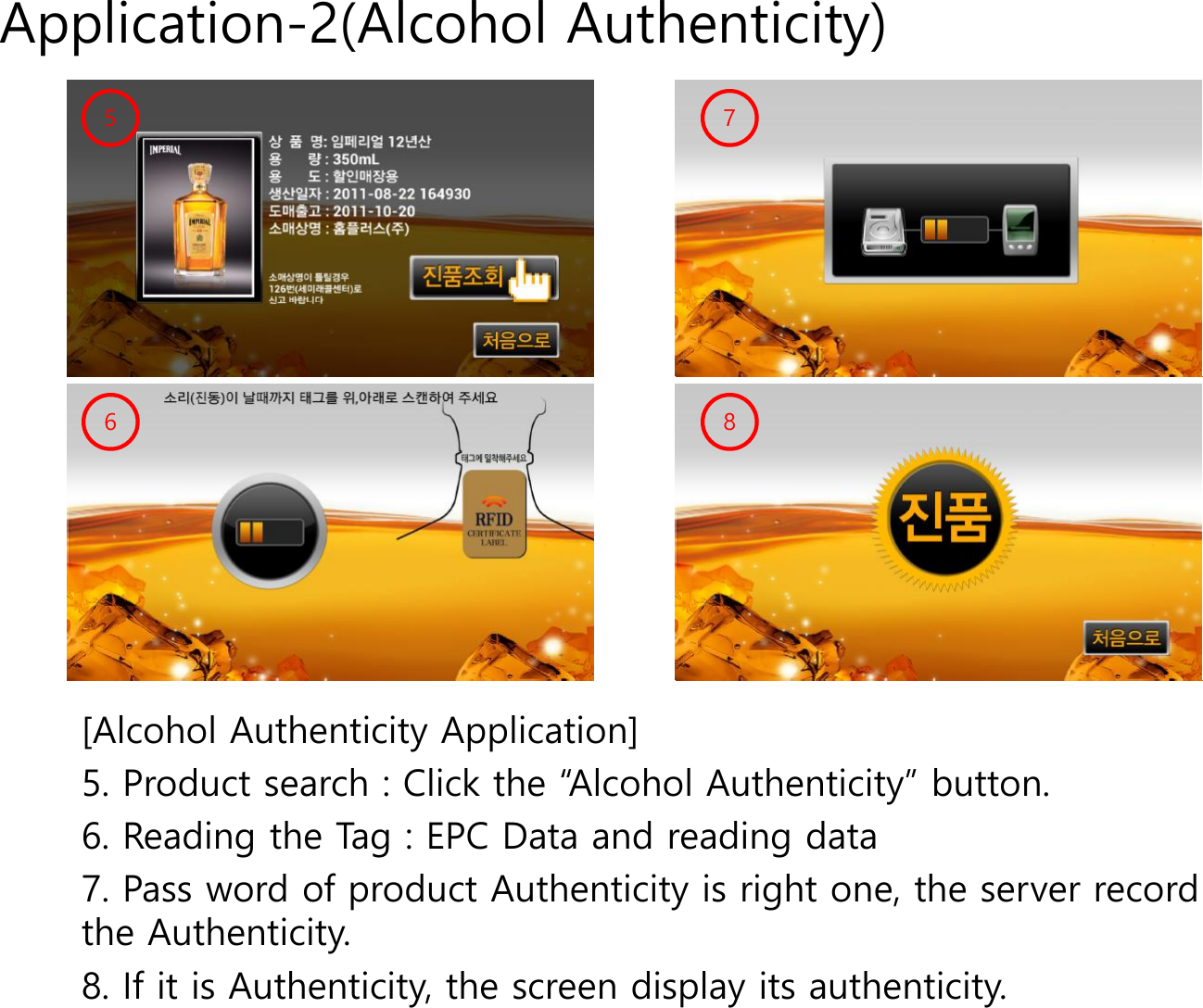 Application-2(Alcohol Authenticity)[Alcohol Authenticity Application]5. Product search : Click the &ldquo;Alcohol Authenticity&rdquo; button.6. Reading the Tag : EPC Data and reading data7. Pass word of product Authenticity is right one, the server record the Authenticity. 8. If it is Authenticity, the screen display its authenticity.5678