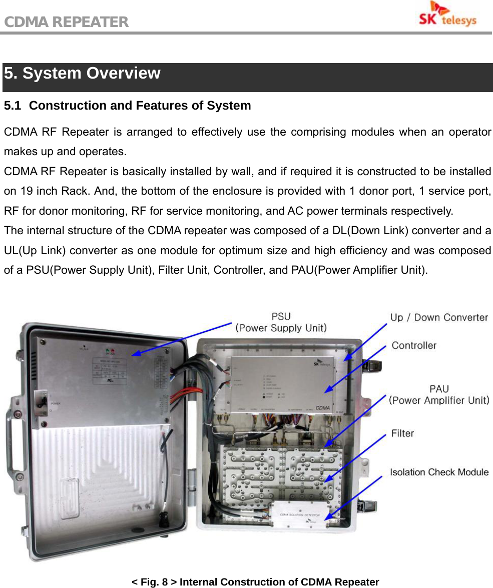 CDMA REPEATER                                            5. System Overview 5.1   Construction and Features of System CDMA RF Repeater is arranged to effectively use the comprising modules when an operator makes up and operates. CDMA RF Repeater is basically installed by wall, and if required it is constructed to be installed on 19 inch Rack. And, the bottom of the enclosure is provided with 1 donor port, 1 service port, RF for donor monitoring, RF for service monitoring, and AC power terminals respectively. The internal structure of the CDMA repeater was composed of a DL(Down Link) converter and a UL(Up Link) converter as one module for optimum size and high efficiency and was composed of a PSU(Power Supply Unit), Filter Unit, Controller, and PAU(Power Amplifier Unit).    &lt; Fig. 8 &gt; Internal Construction of CDMA Repeater  