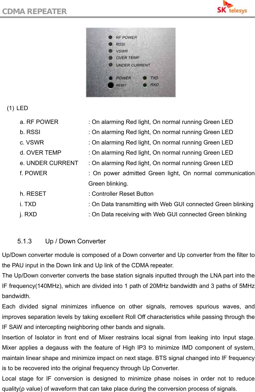 CDMA REPEATER                                             (1) LED              a. RF POWER    : On alarming Red light, On normal running Green LED             b. RSSI      : On alarming Red light, On normal running Green LED   c. VSWR               : On alarming Red light, On normal running Green LED  d. OVER TEMP                : On alarming Red light, On normal running Green LED   e. UNDER CURRENT      : On alarming Red light, On normal running Green LED   f. POWER       : On power admitted Green light, On normal communication Green blinking.       h. RESET     : Controller Reset Button       i. TXD             : On Data transmitting with Web GUI connected Green blinking       j. RXD                 : On Data receiving with Web GUI connected Green blinking   5.1.3  Up / Down Converter Up/Down converter module is composed of a Down converter and Up converter from the filter to the PAU input in the Down link and Up link of the CDMA repeater. The Up/Down converter converts the base station signals inputted through the LNA part into the IF frequency(140MHz), which are divided into 1 path of 20MHz bandwidth and 3 paths of 5MHz bandwidth. Each divided signal minimizes influence on other signals, removes spurious waves, and improves separation levels by taking excellent Roll Off characteristics while passing through the IF SAW and intercepting neighboring other bands and signals. Insertion of Isolator in front end of Mixer restrains local signal from leaking into Input stage. Mixer applies a degauss with the feature of High IP3 to minimize IMD component of system, maintain linear shape and minimize impact on next stage. BTS signal changed into IF frequency is to be recovered into the original frequency through Up Converter. Local stage for IF conversion is designed to minimize phase noises in order not to reduce quality(ρ value) of waveform that can take place during the conversion process of signals. 