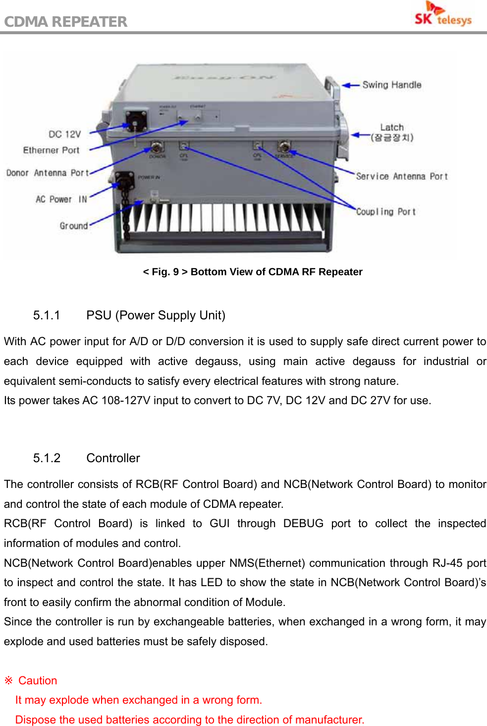 CDMA REPEATER                                            &lt; Fig. 9 &gt; Bottom View of CDMA RF Repeater  5.1.1  PSU (Power Supply Unit) With AC power input for A/D or D/D conversion it is used to supply safe direct current power to each device equipped with active degauss, using main active degauss for industrial or equivalent semi-conducts to satisfy every electrical features with strong nature. Its power takes AC 108-127V input to convert to DC 7V, DC 12V and DC 27V for use.   5.1.2 Controller The controller consists of RCB(RF Control Board) and NCB(Network Control Board) to monitor and control the state of each module of CDMA repeater. RCB(RF Control Board) is linked to GUI through DEBUG port to collect the inspected information of modules and control. NCB(Network Control Board)enables upper NMS(Ethernet) communication through RJ-45 port to inspect and control the state. It has LED to show the state in NCB(Network Control Board)’s front to easily confirm the abnormal condition of Module. Since the controller is run by exchangeable batteries, when exchanged in a wrong form, it may explode and used batteries must be safely disposed.     Caution※ It may explode when exchanged in a wrong form. Dispose the used batteries according to the direction of manufacturer. 